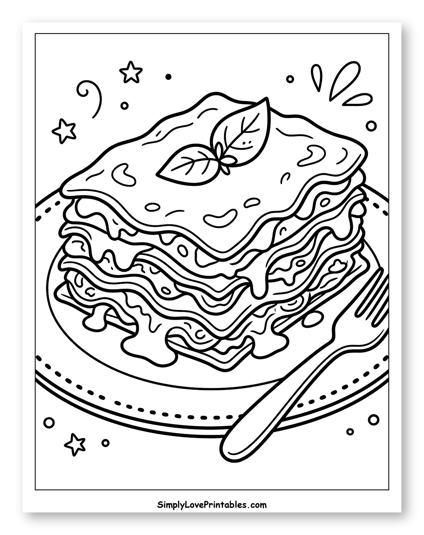 Layered Lasagna with Basil on a Plate Coloring Page for Kids