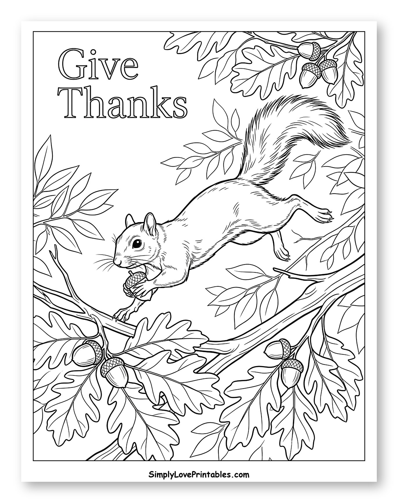 Leaping Squirrel with Acorns on Oak Branches Coloring Sheet