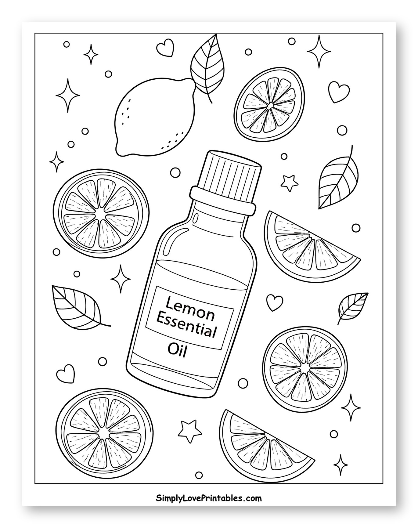 Lemon Essential Oil Bottle with Slices and Whole Lemons