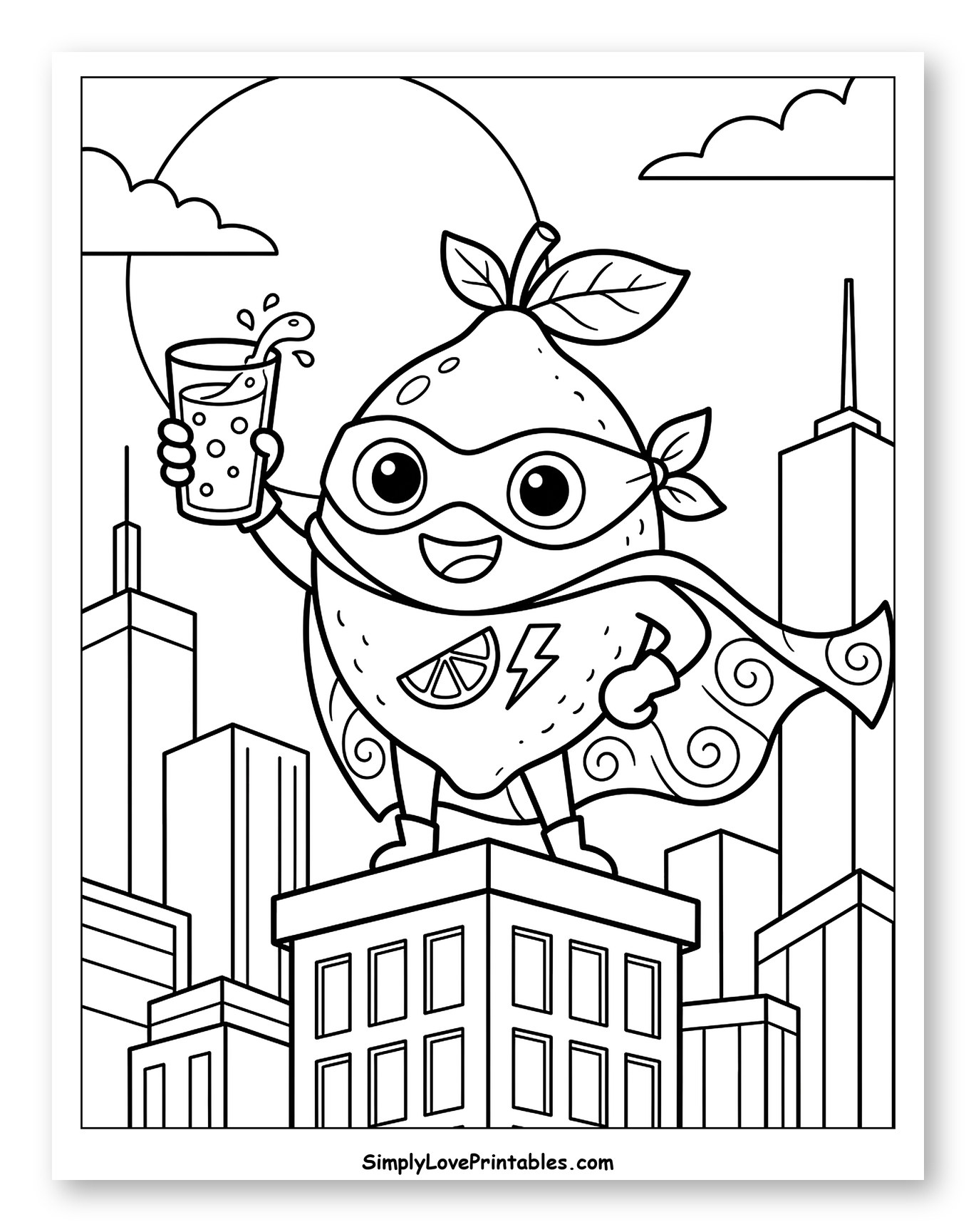 Lemon Superhero Holding Lemonade in City to Color for Kids