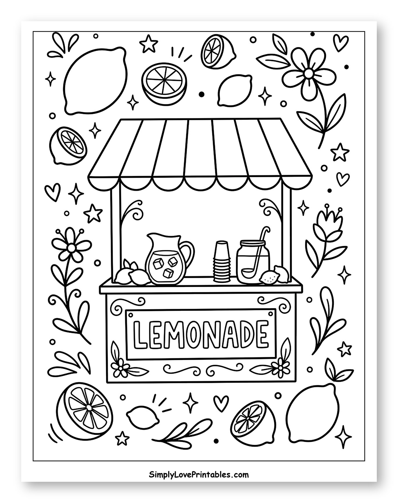 Lemonade Stand with Citrus and Floral Accents Coloring Sheet for Adults