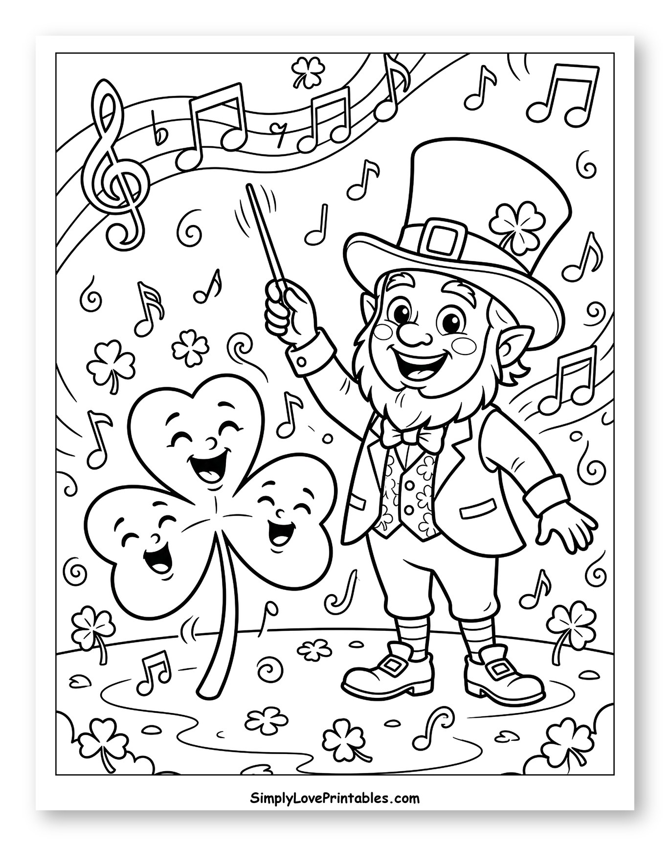 Leprechaun Conducting Music for Happy Shamrocks Coloring Page for Kids