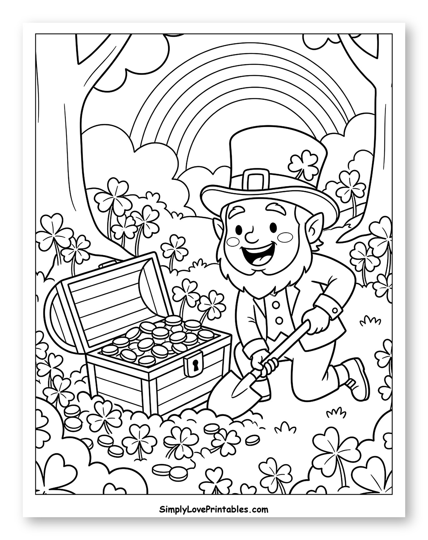 Leprechaun Digging for Gold with Treasure Chest Coloring Page for Kids