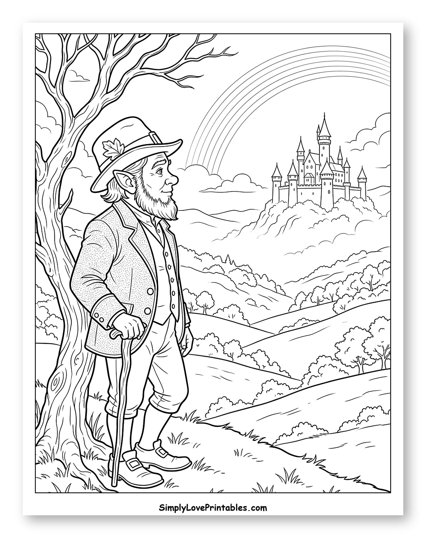 Leprechaun Gazing at Castle and Rainbow Coloring Sheet