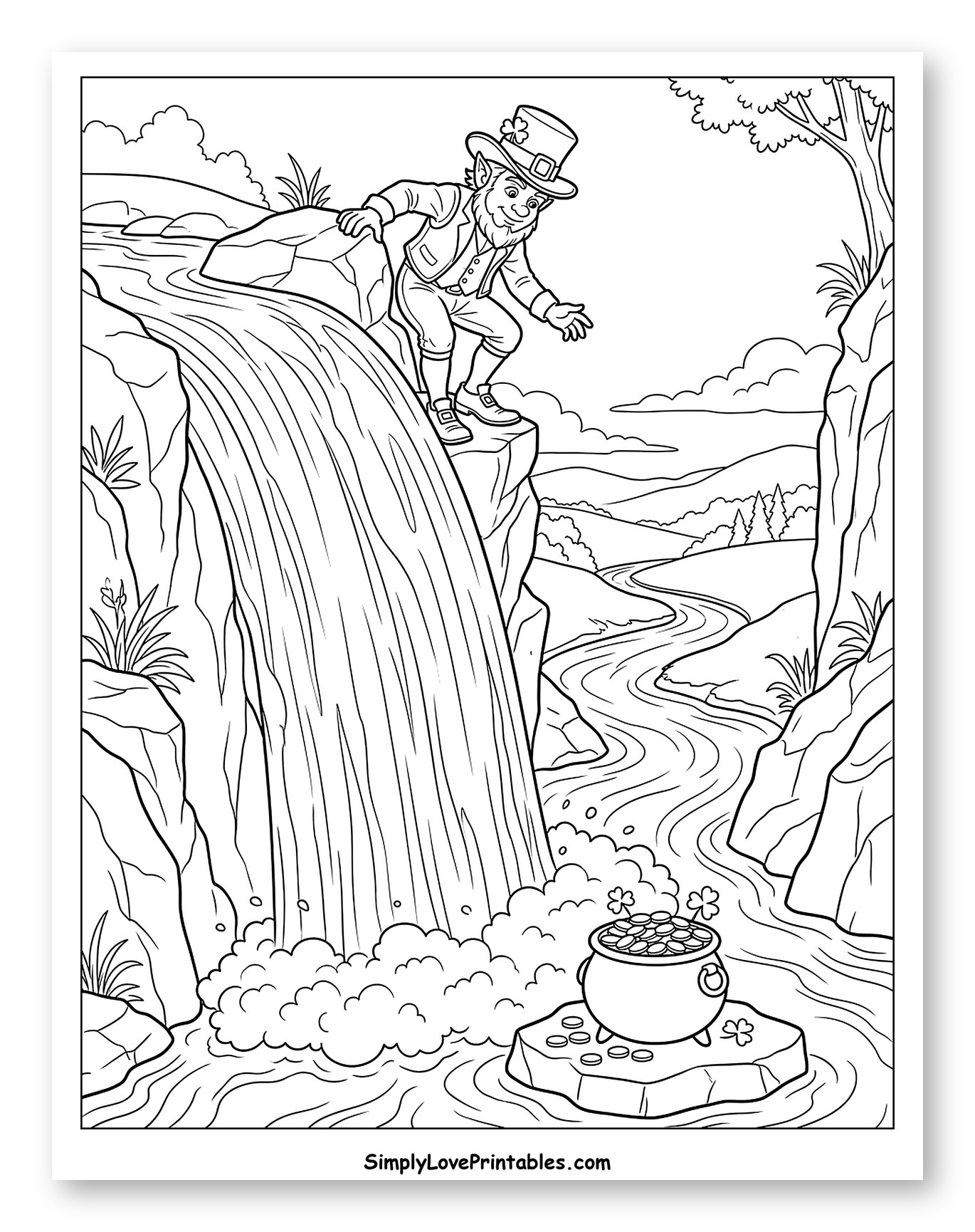 Leprechaun Looking at Pot of Gold at Waterfall