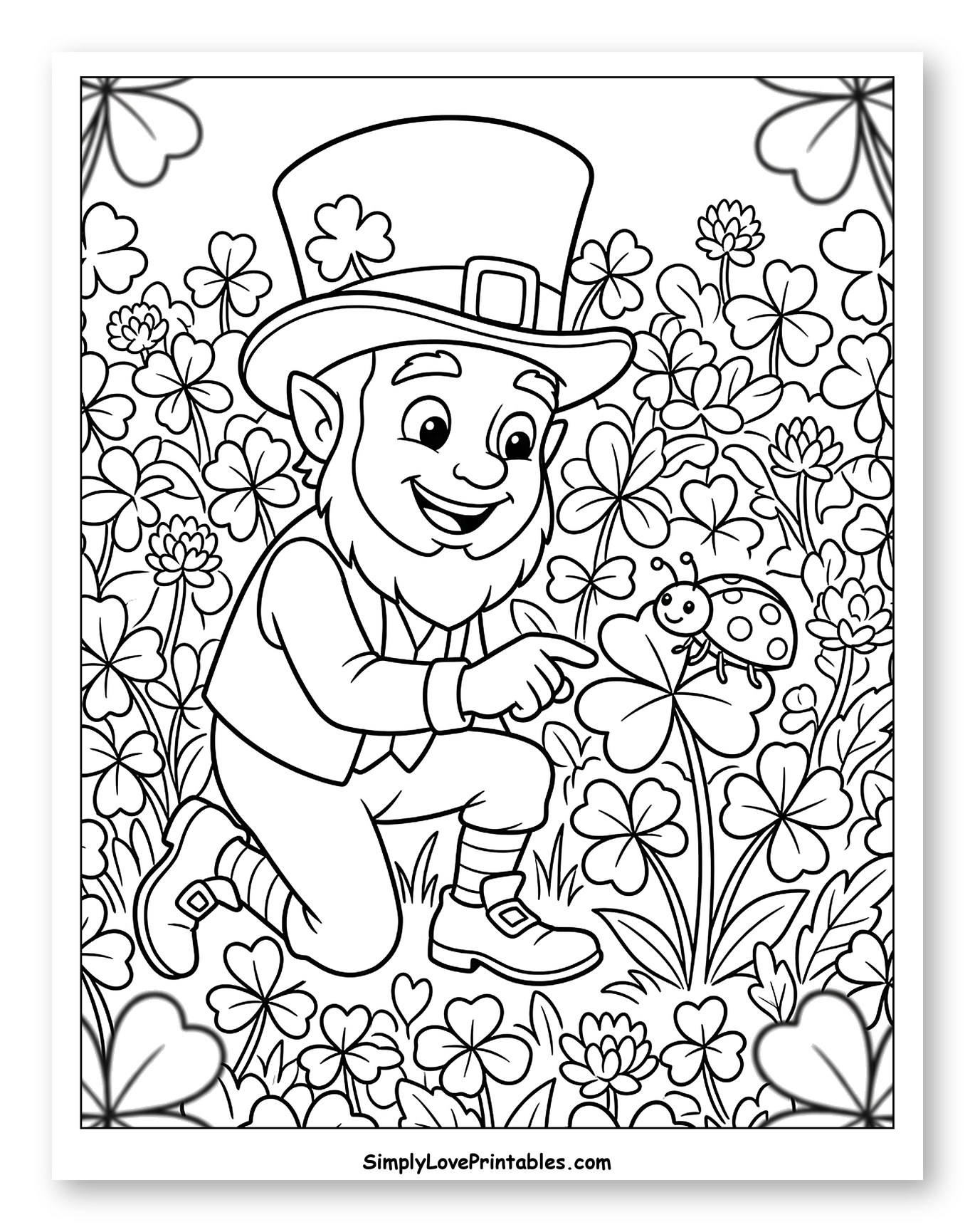 Leprechaun Pointing at Ladybug on Clover Coloring Sheet for Kids