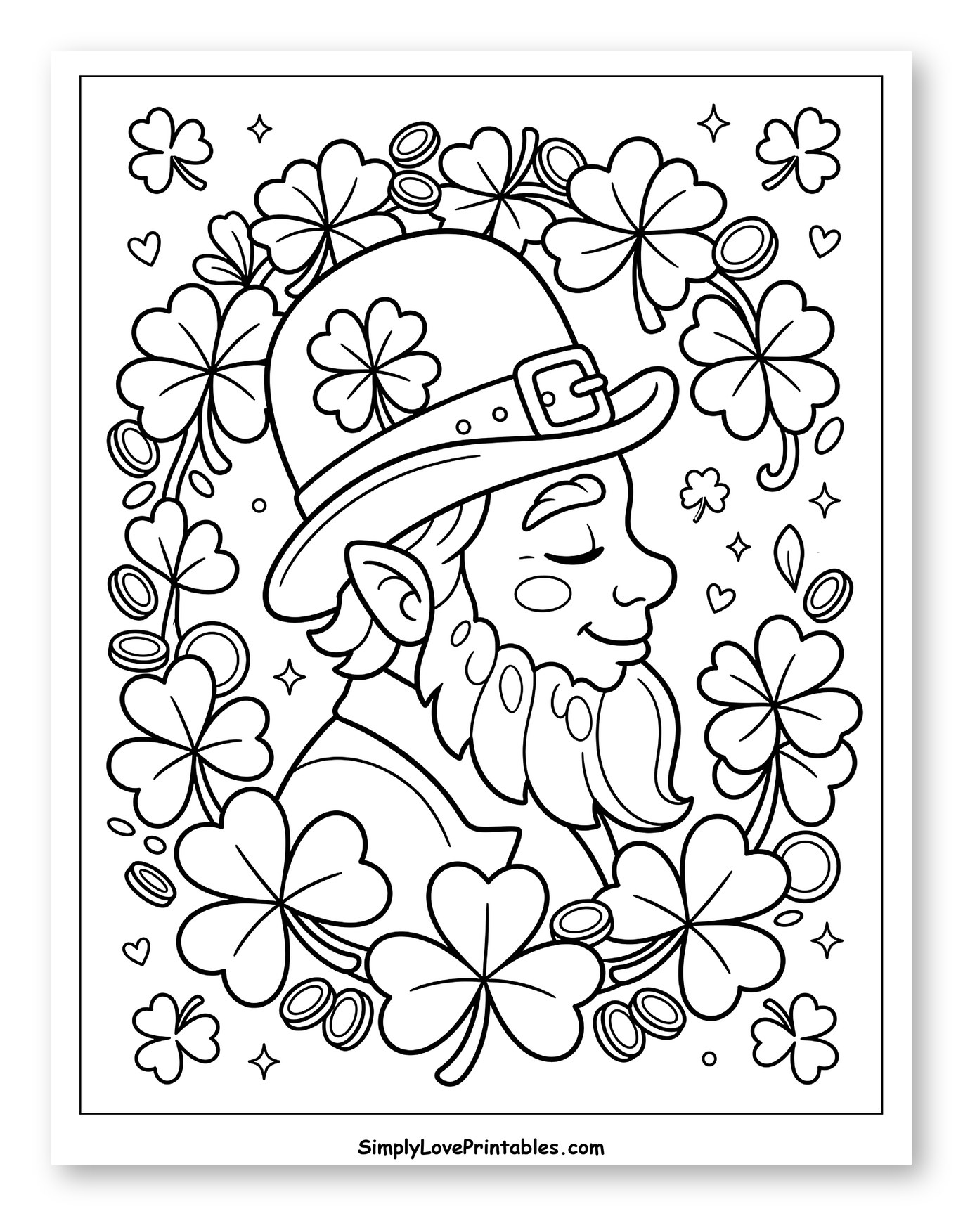 Leprechaun Profile with Shamrocks and Gold Coins Coloring Sheet for Adults