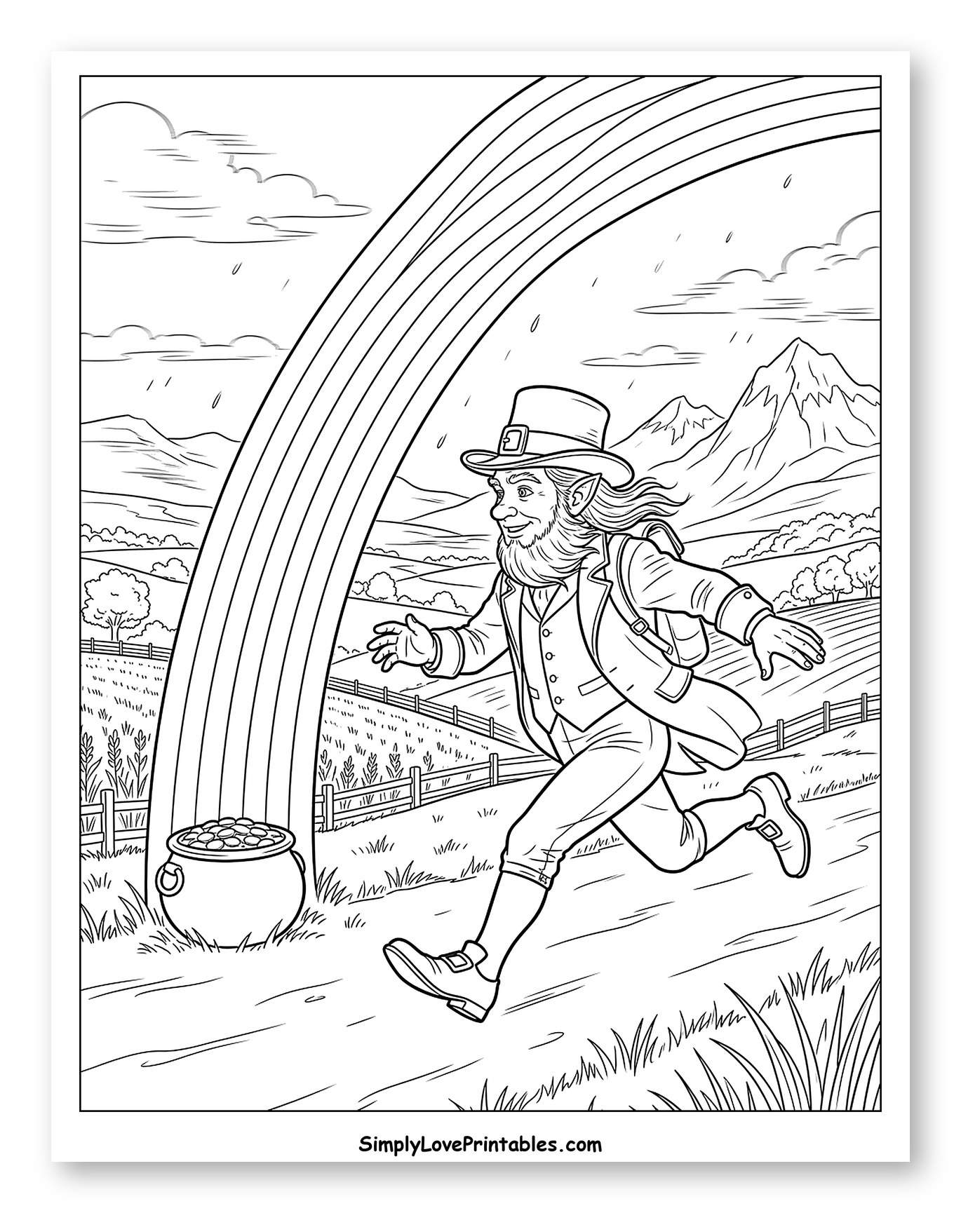 Leprechaun Running Under Rainbow to Pot of Gold Coloring Page