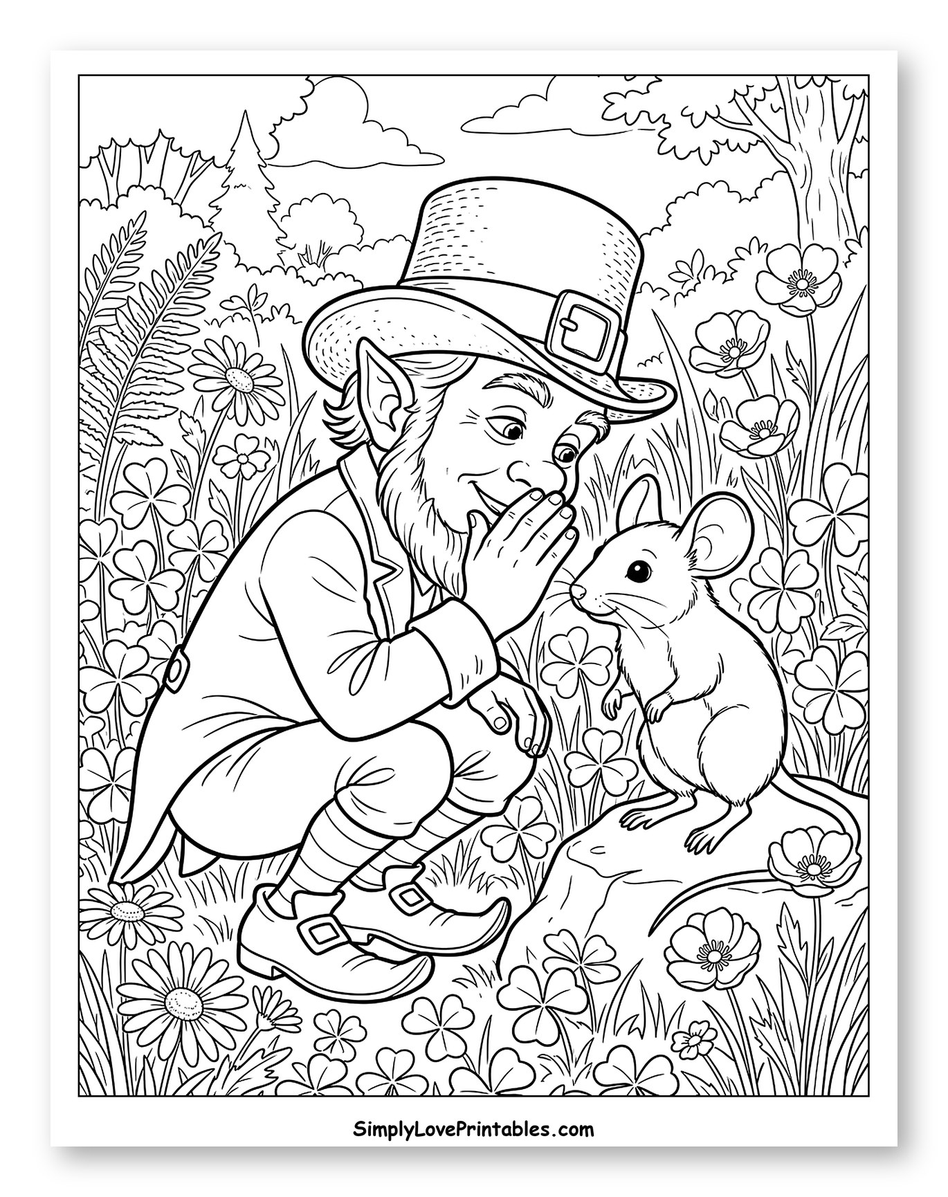 Leprechaun Sharing Secret with a Mouse Coloring Page