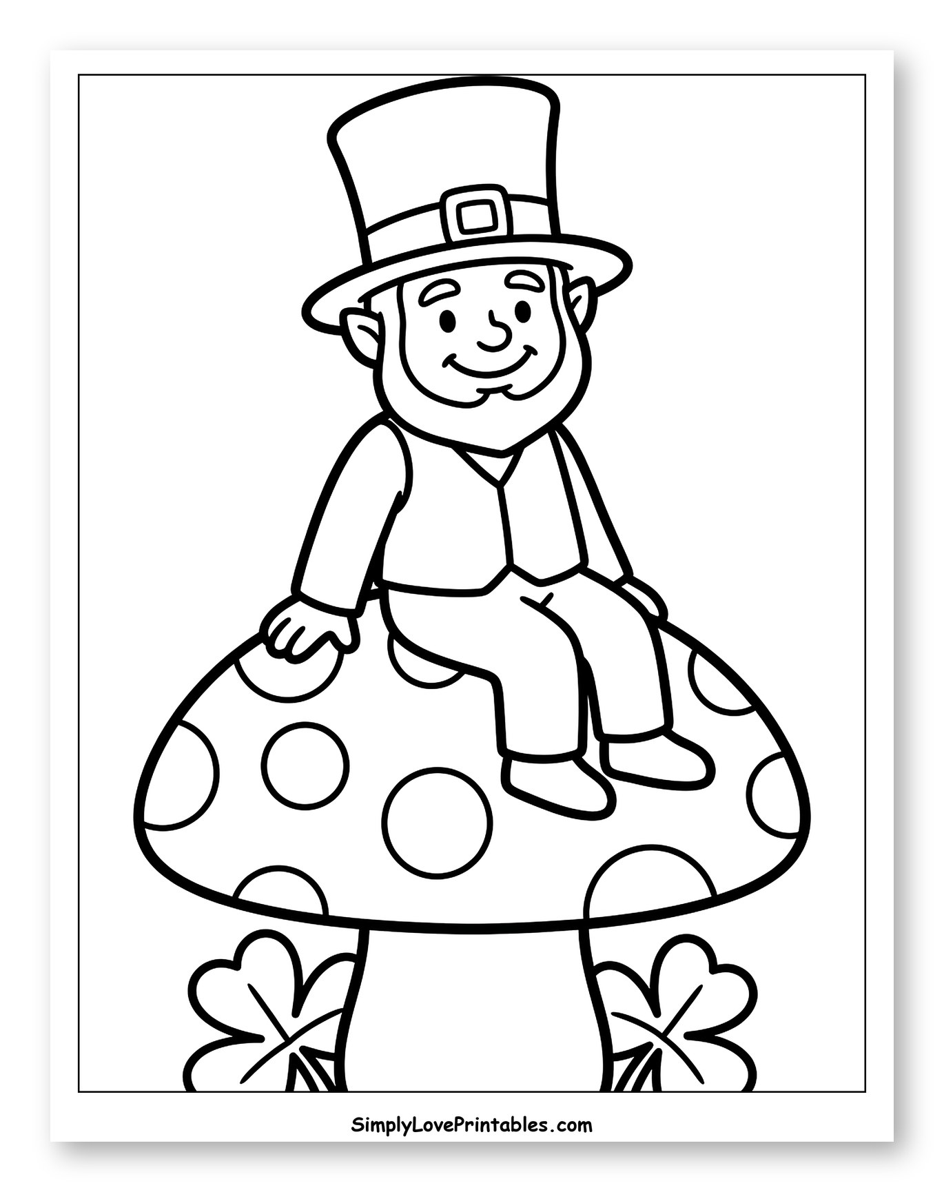 Leprechaun Sitting on a Mushroom with Shamrocks Coloring Page for Toddlers