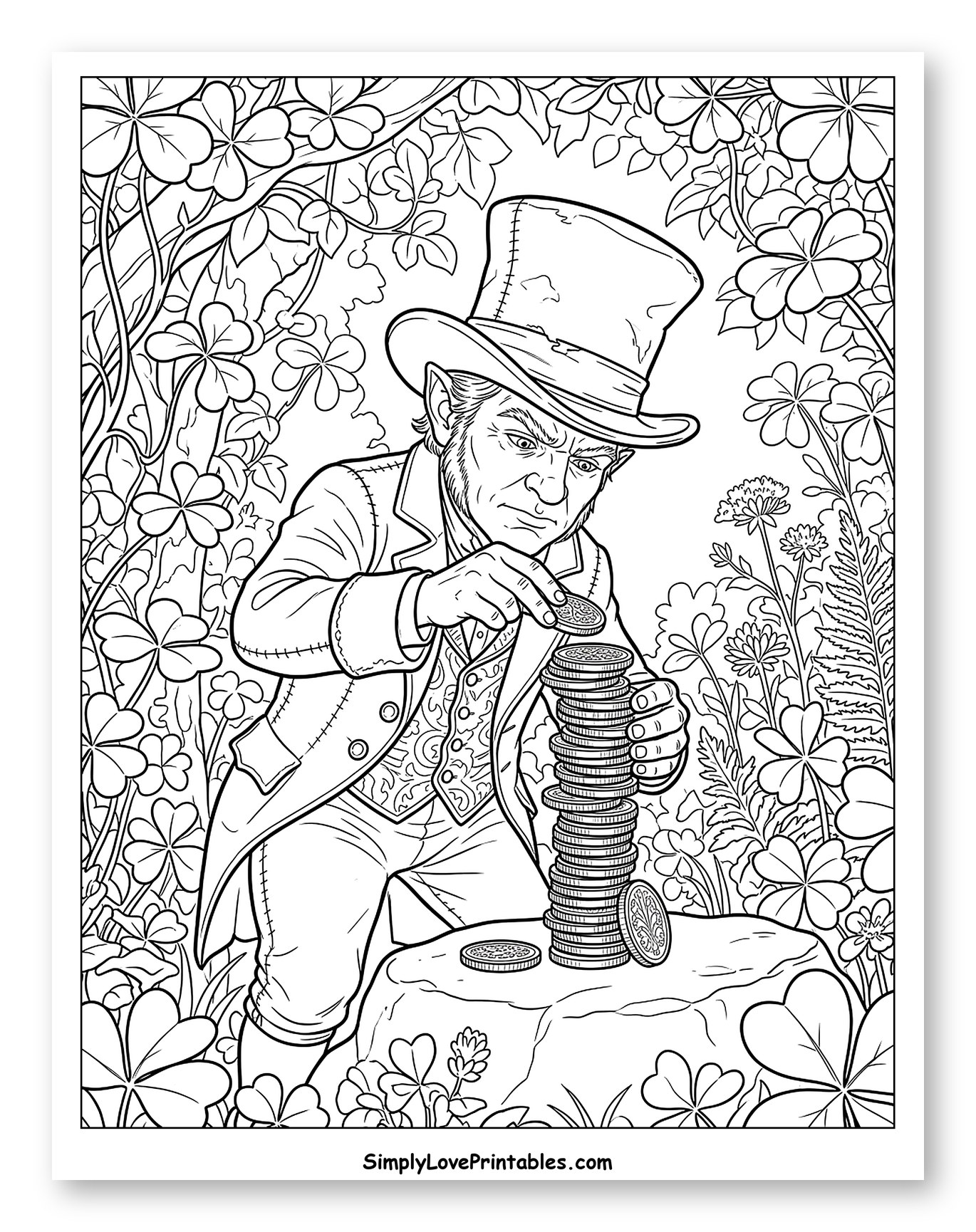 Leprechaun Stacking Coins Among Clovers Coloring Page