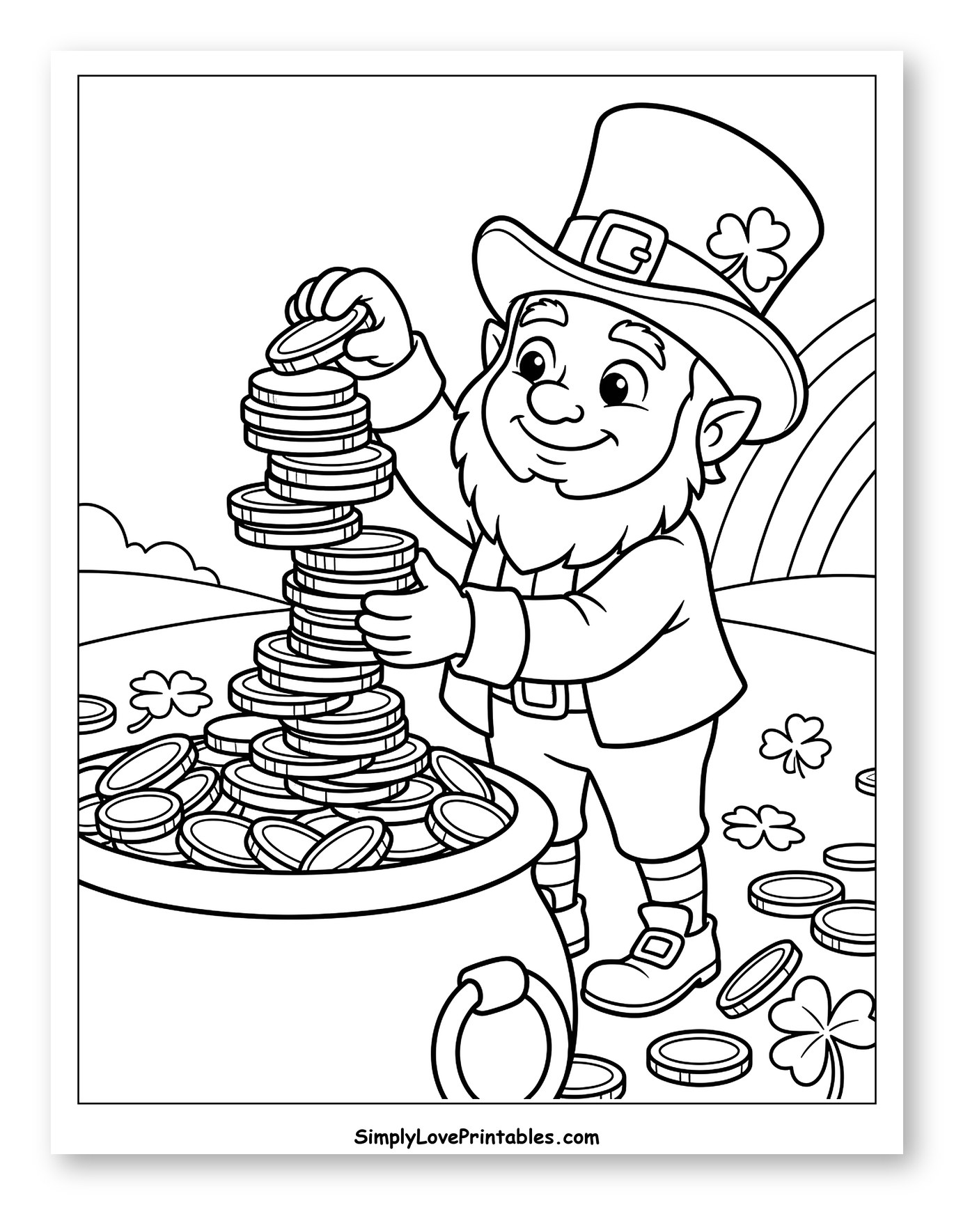 Leprechaun Stacking Gold Coins with Rainbow