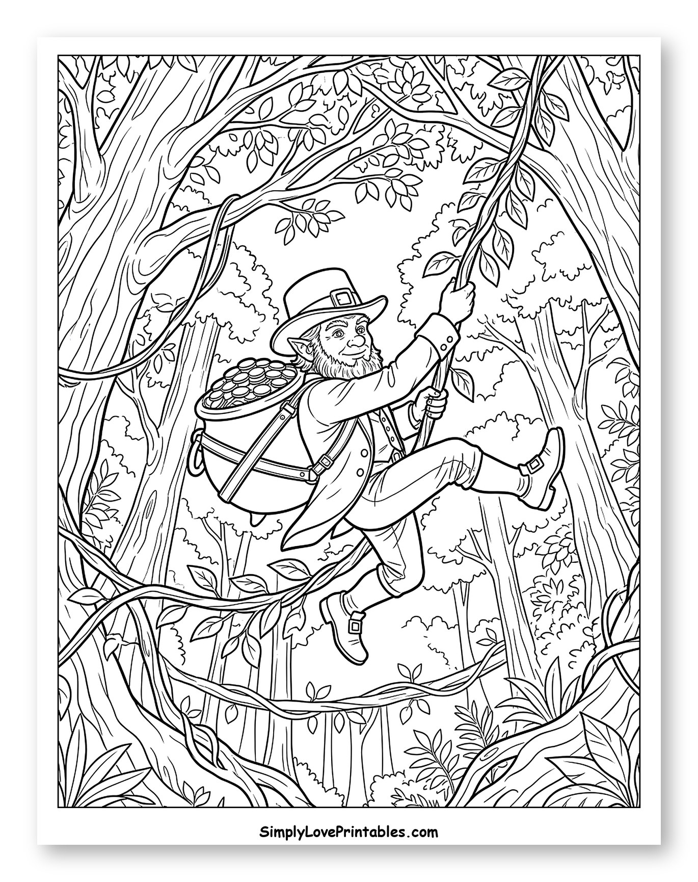 Leprechaun Swings through Jungle with Pot of Gold Coloring Sheet