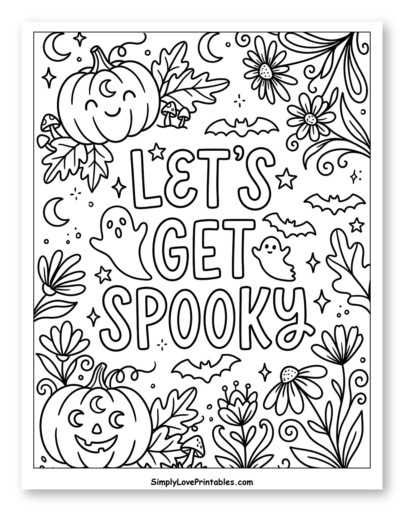 Let's Get Spooky Halloween Scene with Pumpkins and Ghosts Coloring Sheet for Adults