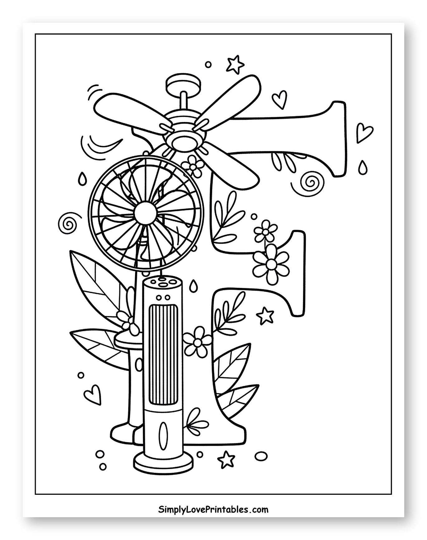 Letter F with Fans and Floral Accents Coloring Sheet for Adults
