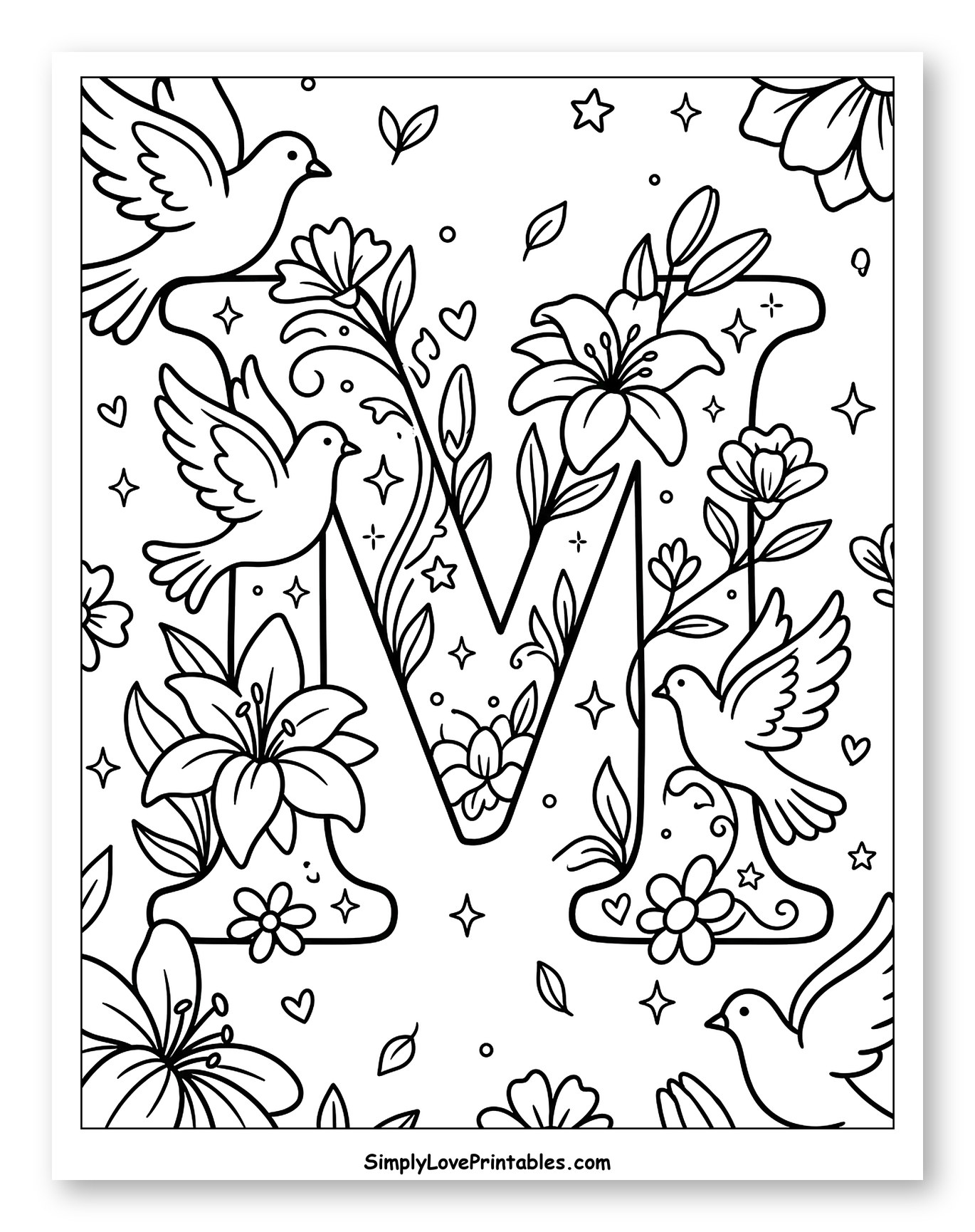 Letter M Surrounded by Lilies and Doves to Color for Adults