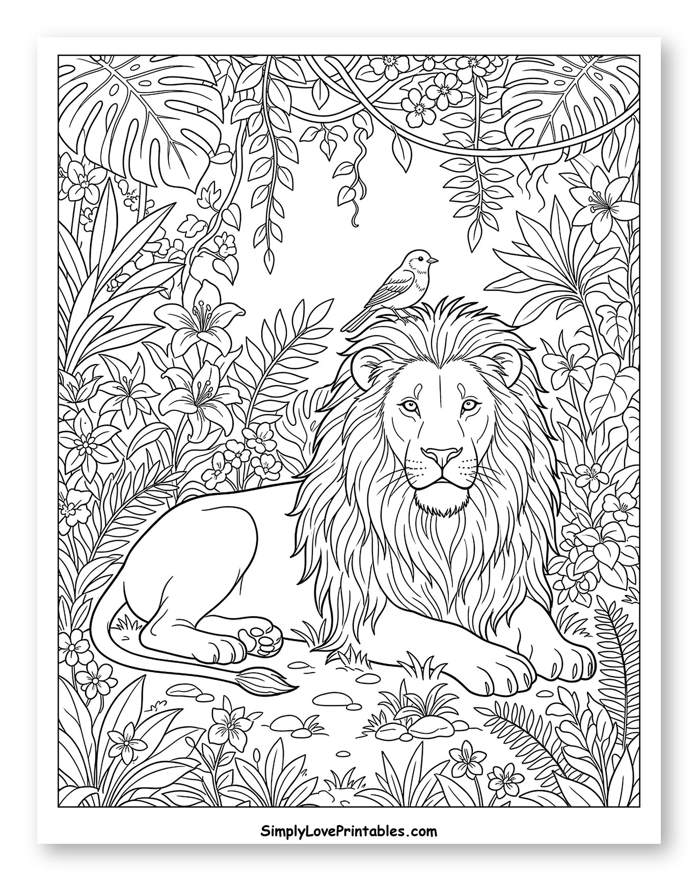 Lion with Bird in Jungle Garden