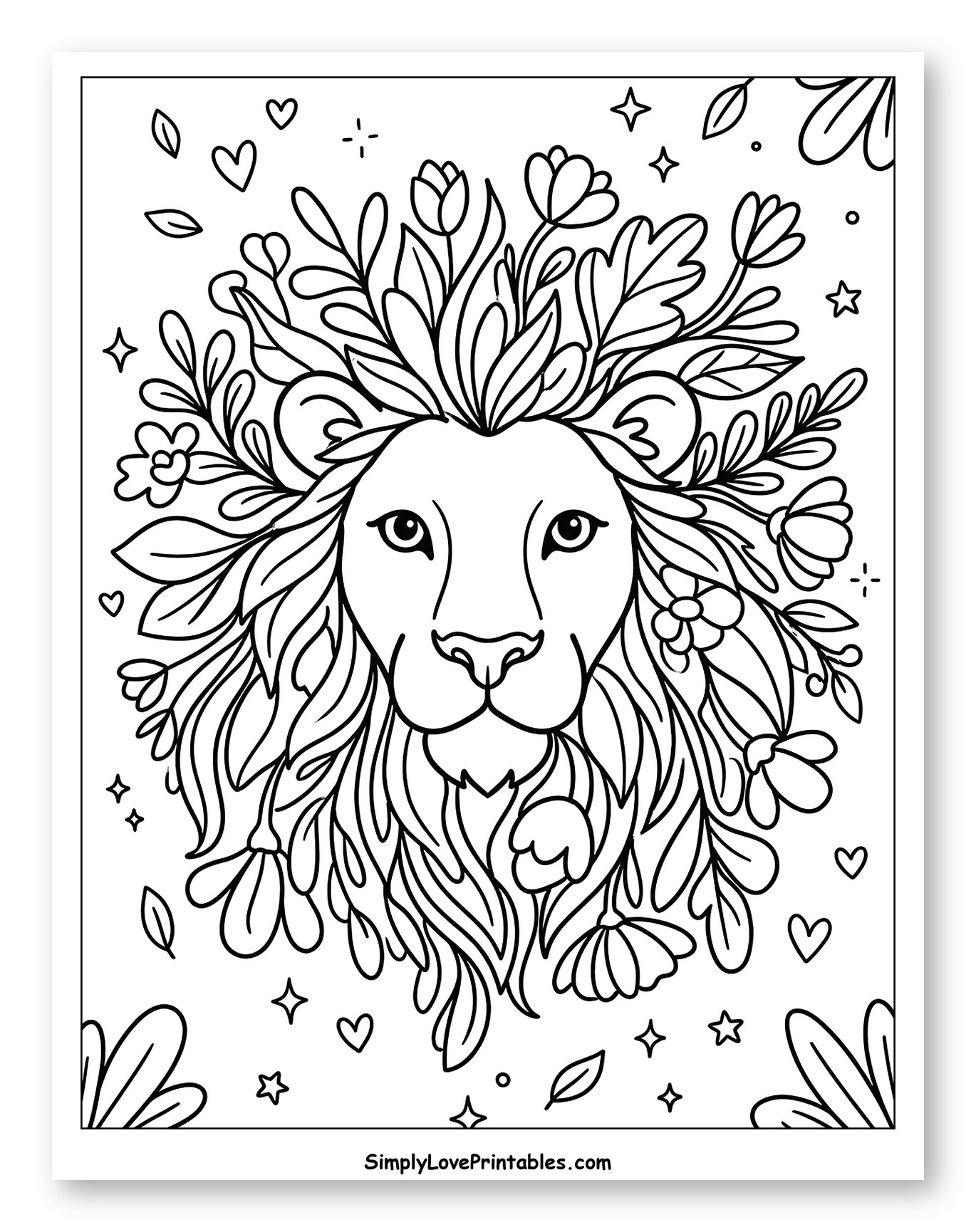 Lion with Floral Mane and Whimsical Details to Color for Adults