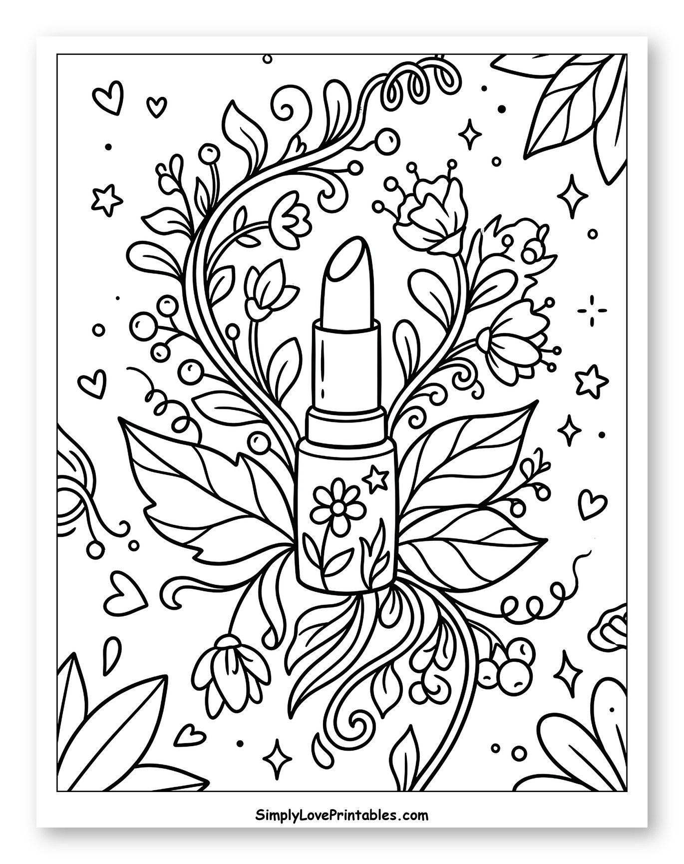 Lipstick and Flowers Floral Design Coloring Page for Adults
