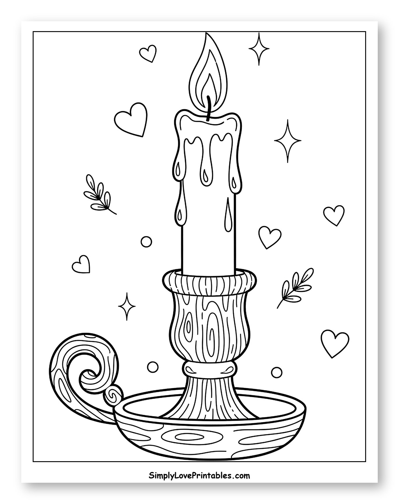 Lit Candle in Wooden Candlestick with Hearts