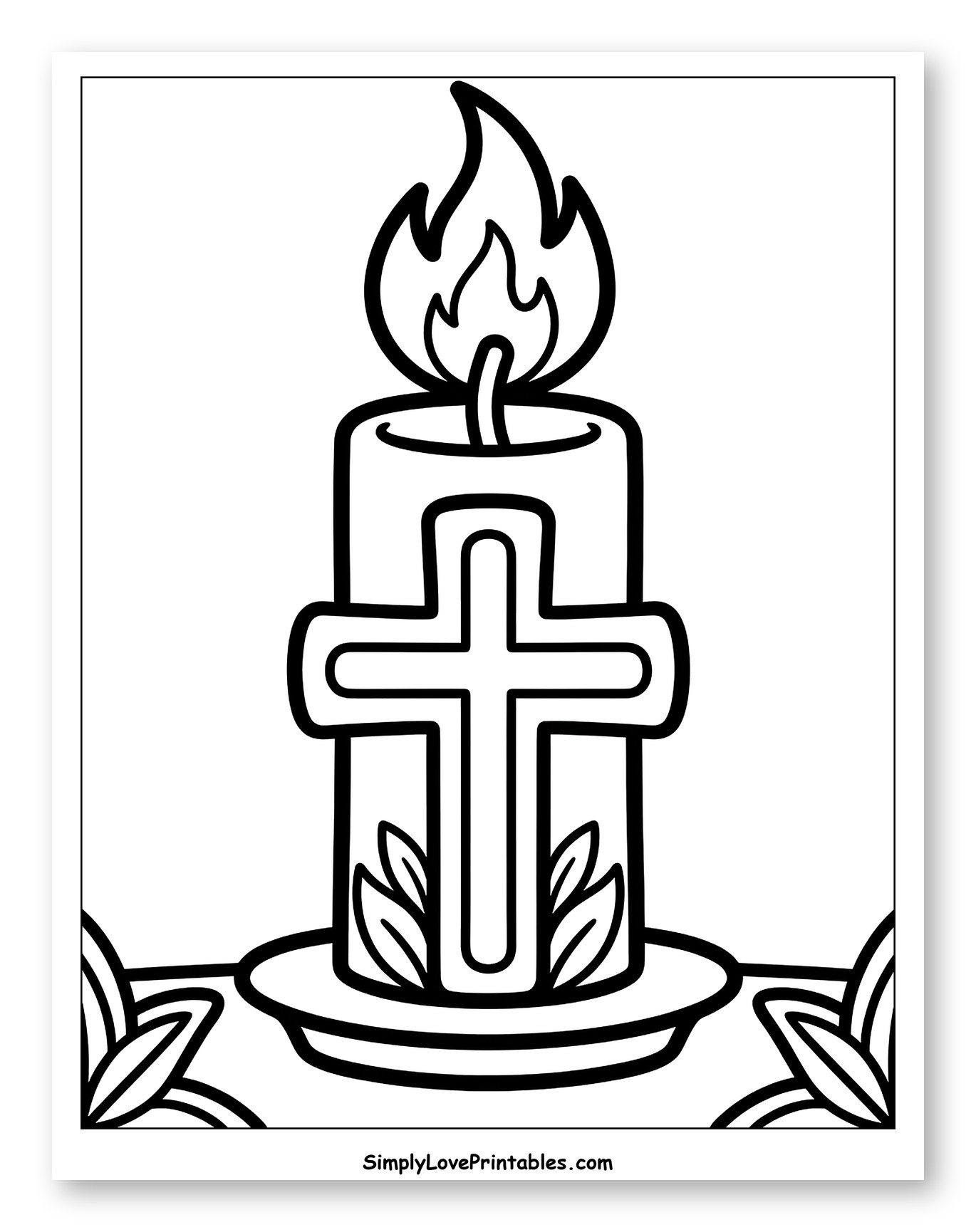 Lit Candle with Cross and Foliage