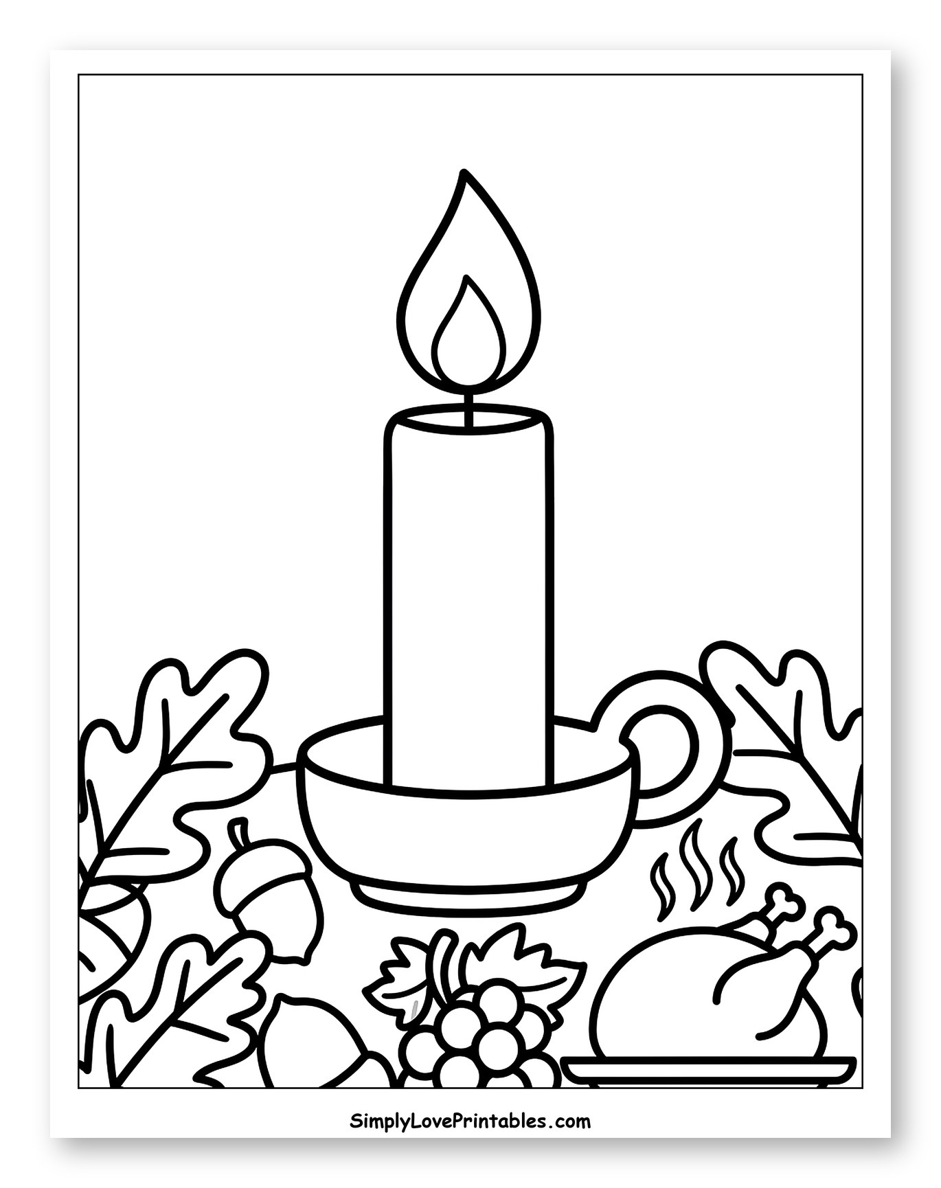 Lit Candle with Thanksgiving Dinner Spread to Color for Toddlers