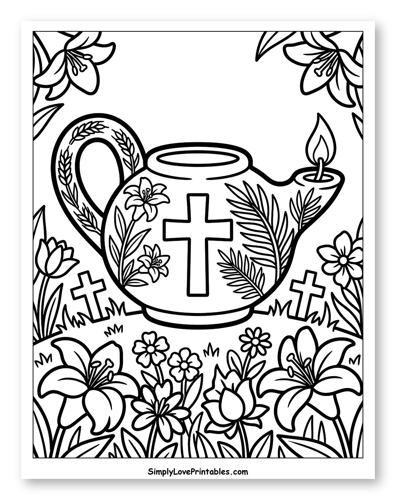 Lit Easter Lamp Surrounded by Lilies and Crosses to Color for Toddlers