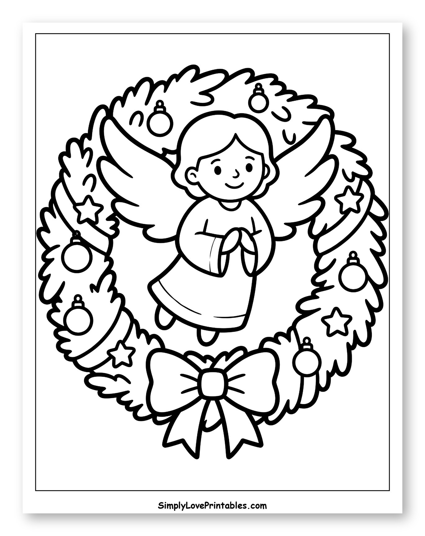 Little Angel inside a Decorated Christmas Wreath Coloring Page for Toddlers
