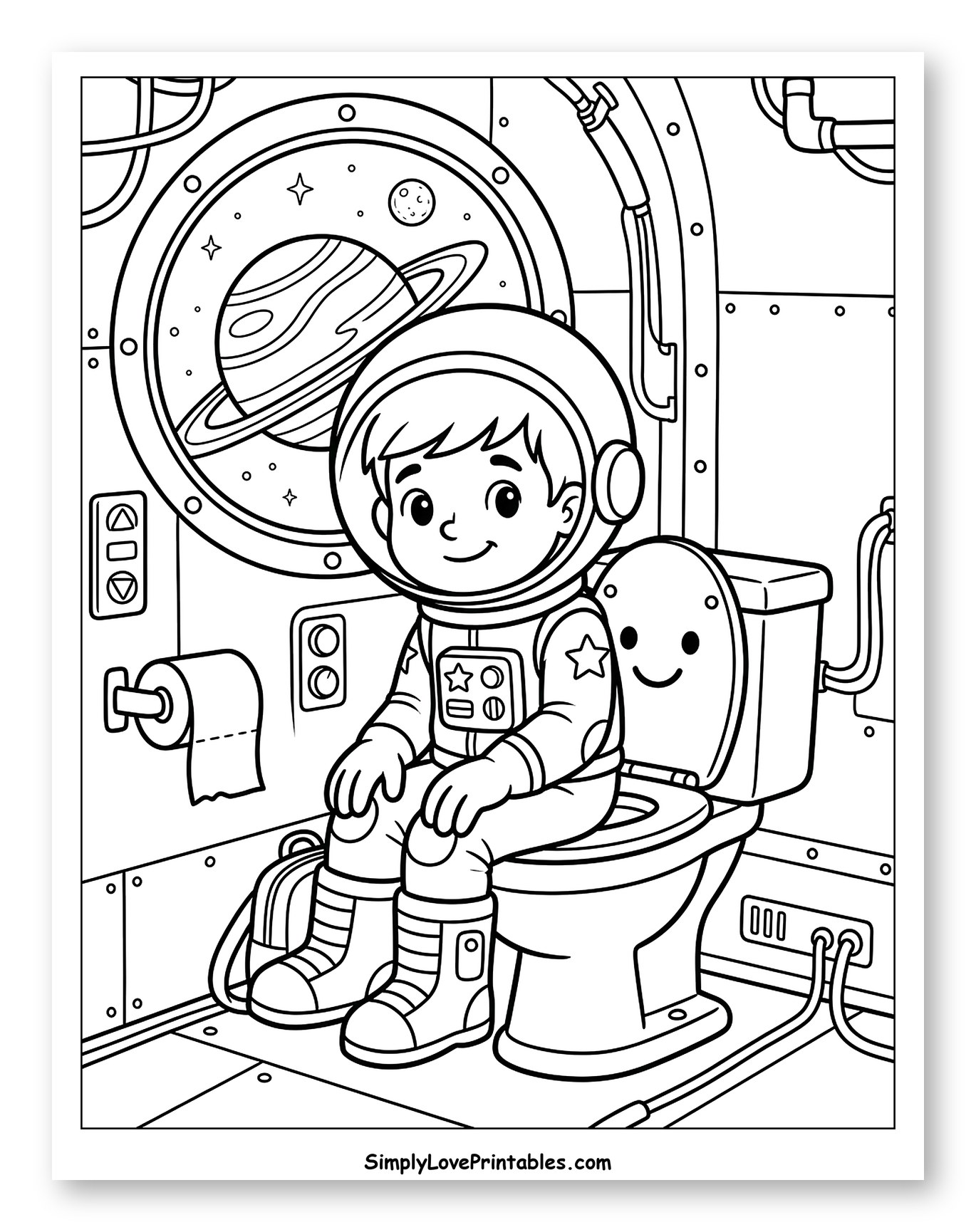 Little Astronaut on Space Toilet Looking at Saturn Coloring Sheet for Kids