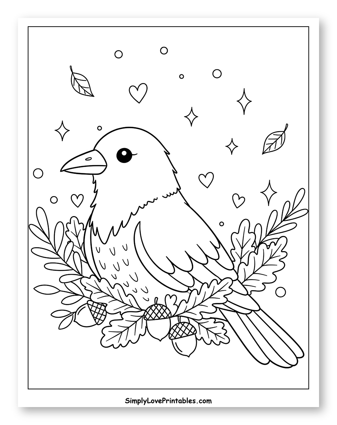 Little Bird Among Leaves and Acorns Coloring Page for Adults