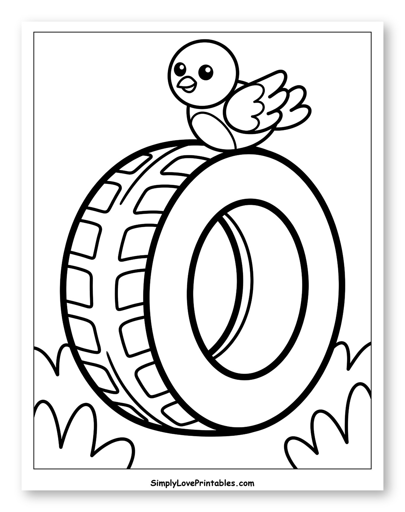 Little Bird Perched on a Tire Coloring Sheet for Toddlers