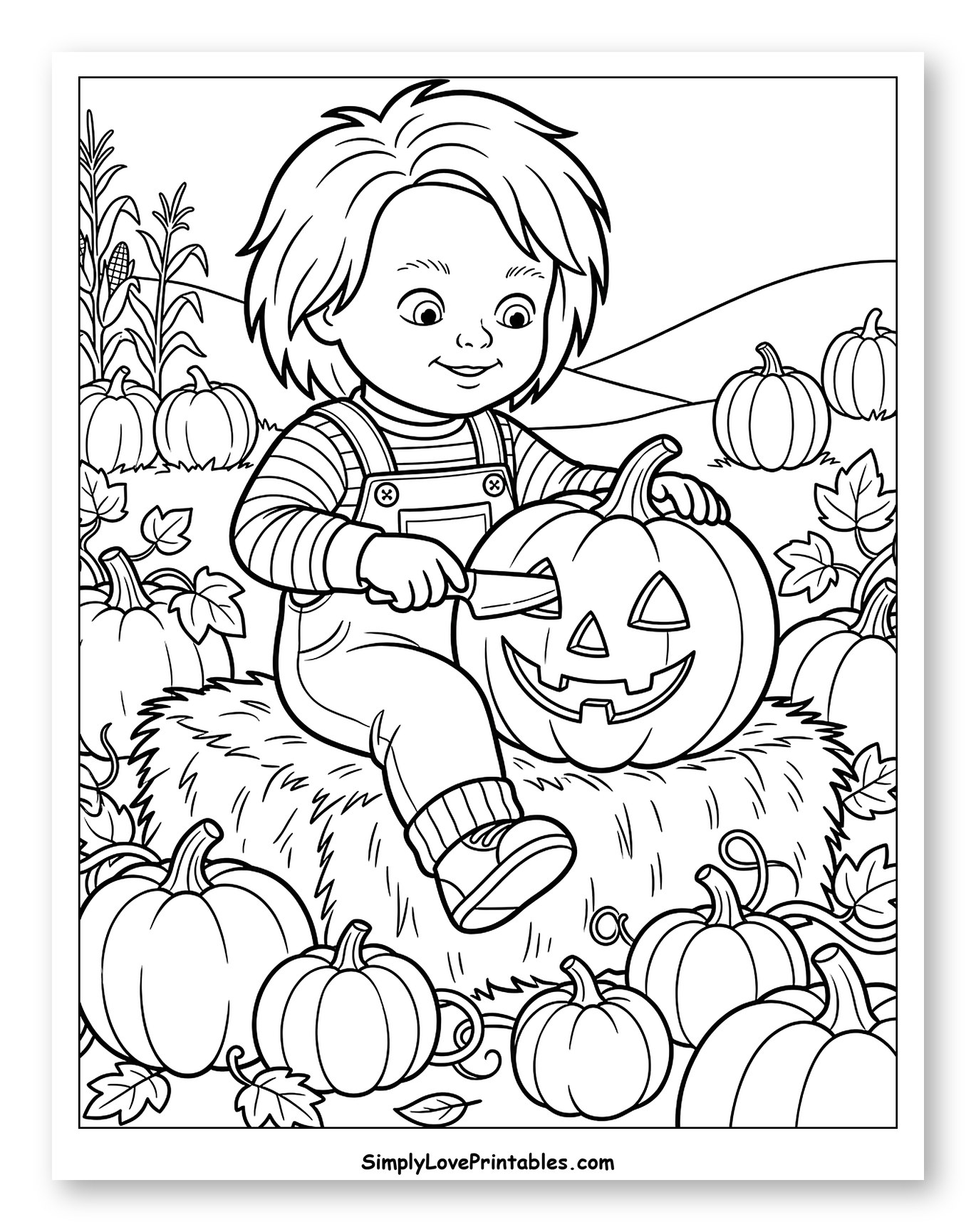 Little Boy Carving Jack-o'-Lantern on Hay Bale
