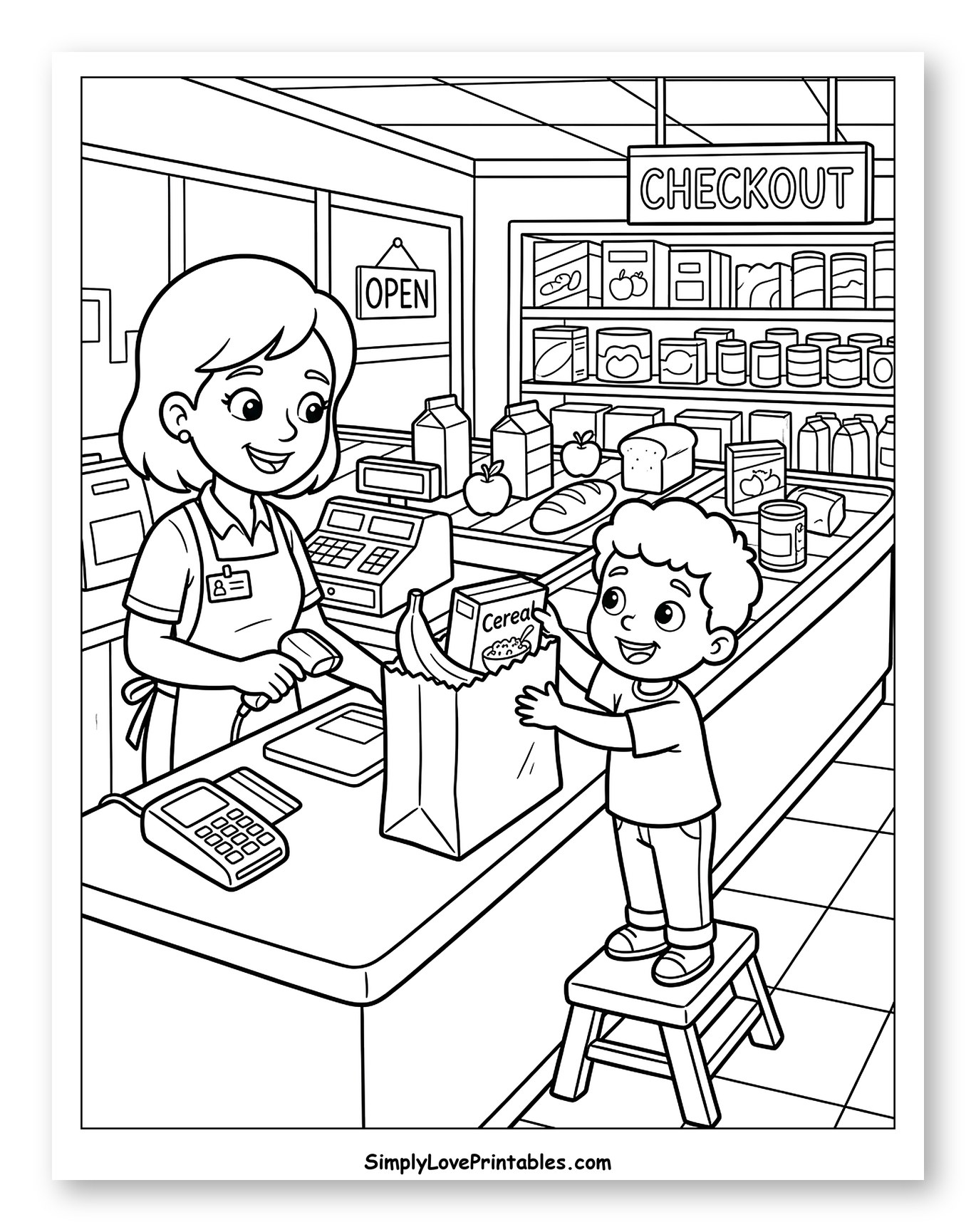 Little Boy Helping at Grocery Store Checkout