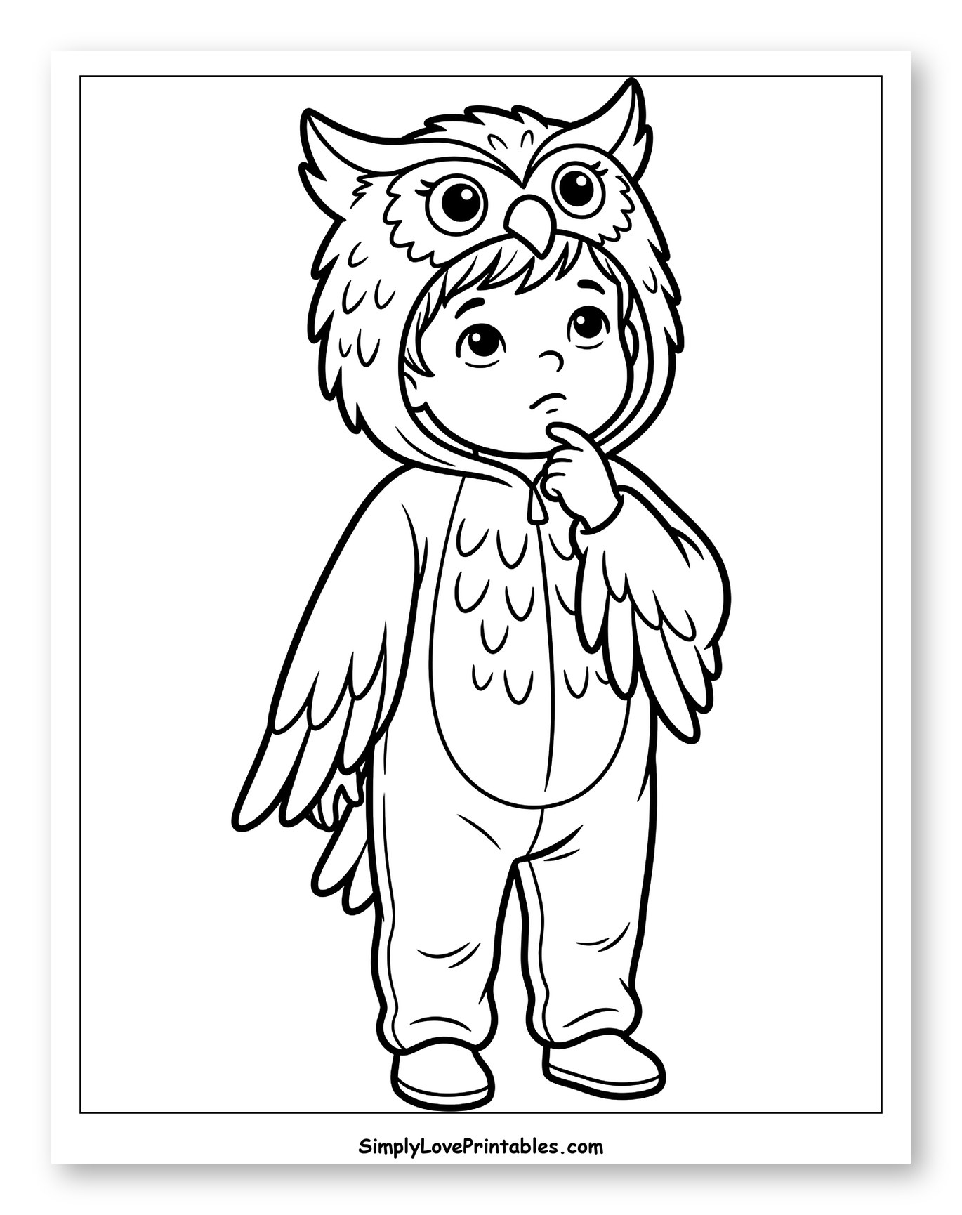 Little Child in Owl Costume Thinking to Color for Toddlers