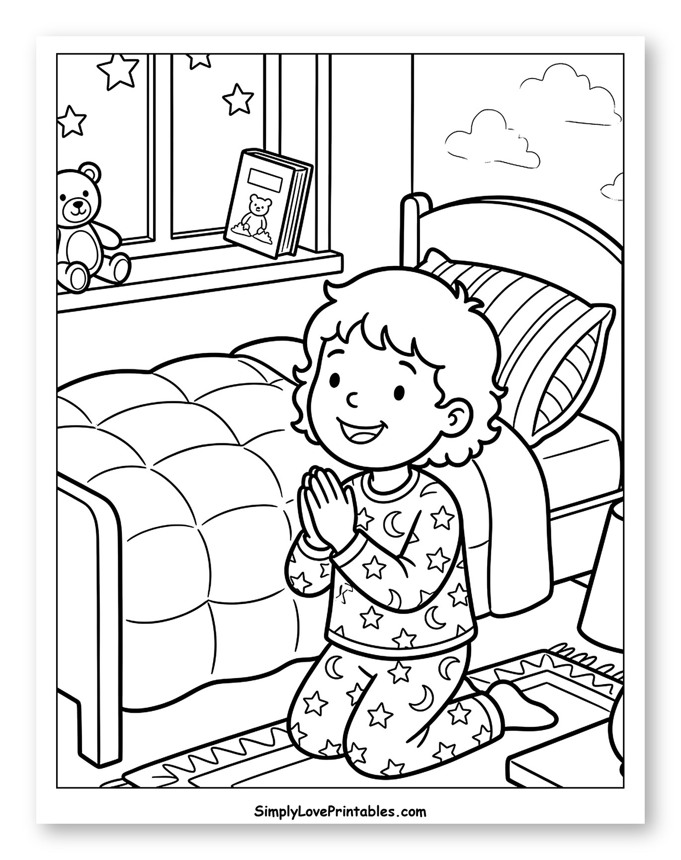 Little Child Praying Beside Bed Coloring Sheet for Kids