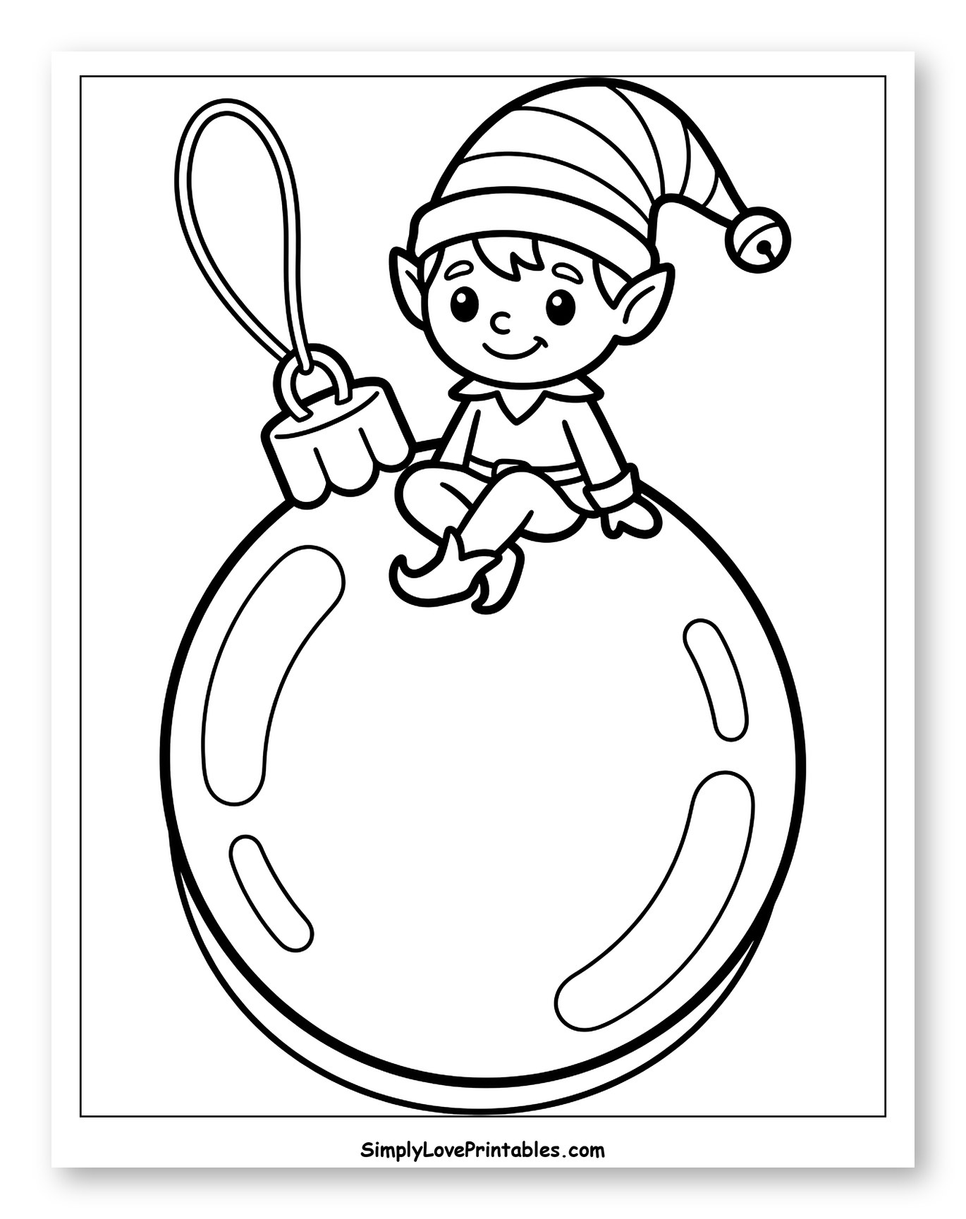 Little Christmas Elf on a Holiday Bauble Coloring Sheet for Toddlers