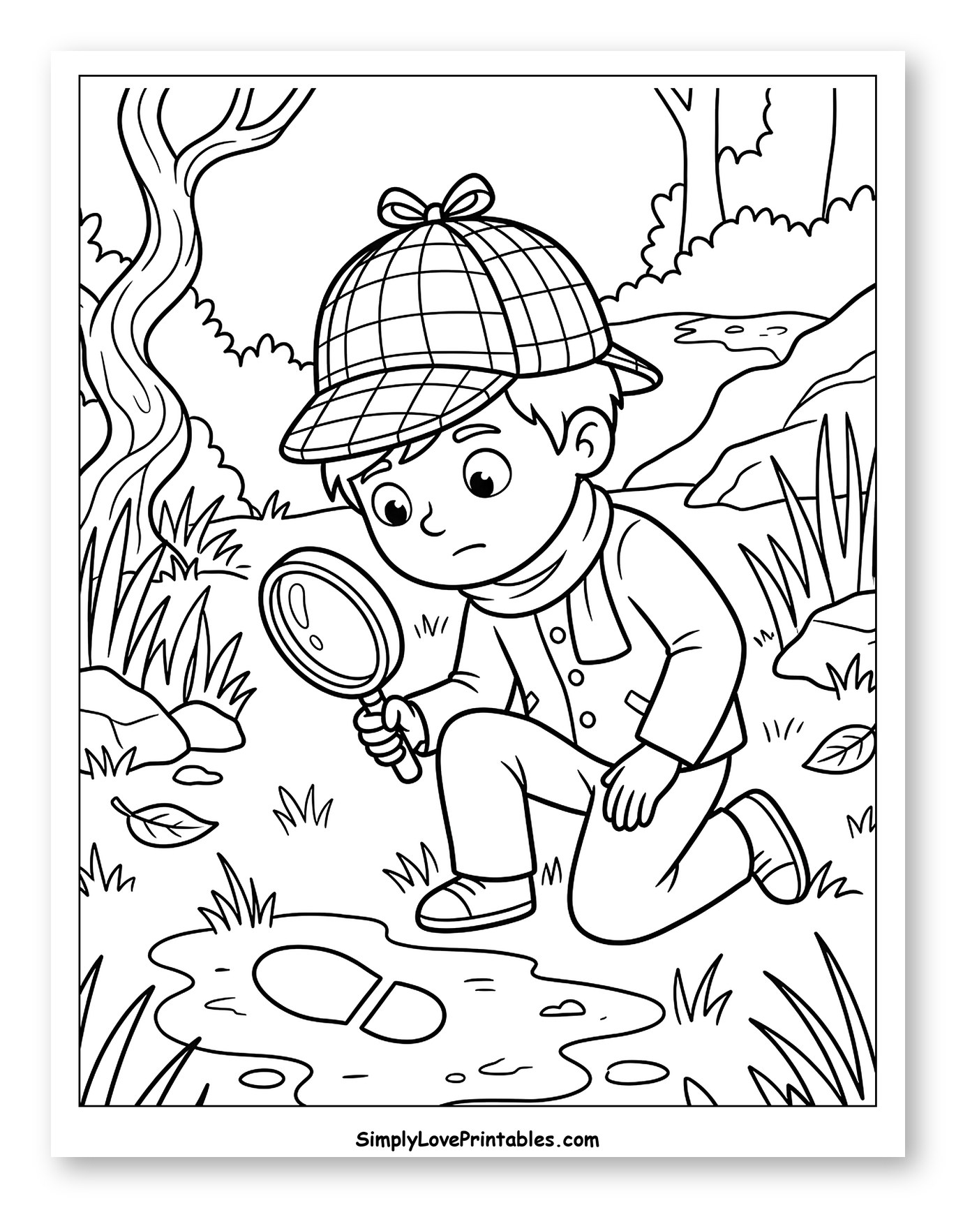 Little Detective Investigating a Footprint with Magnifying Glass