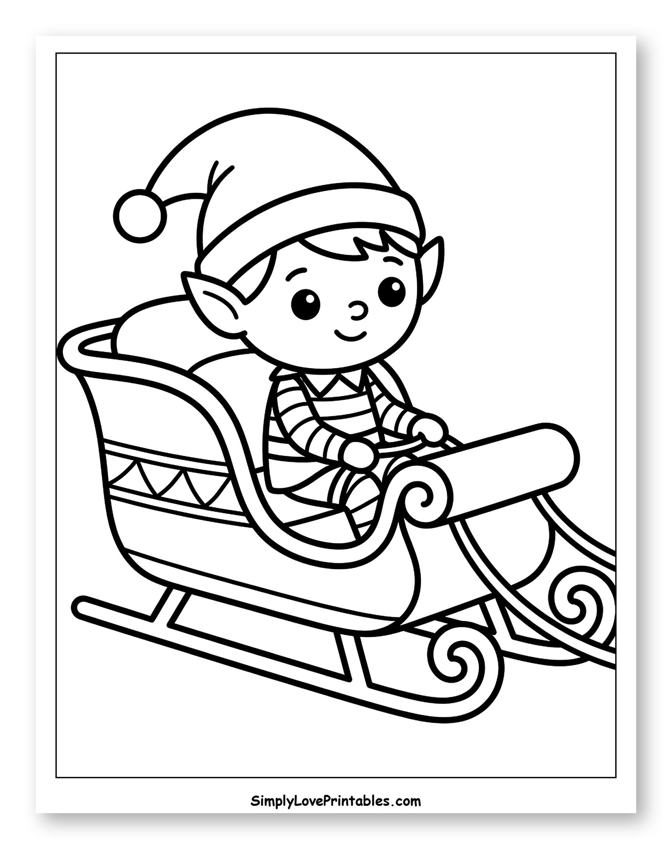 Little Elf Sitting in Santa's Sleigh Coloring Page for Toddlers