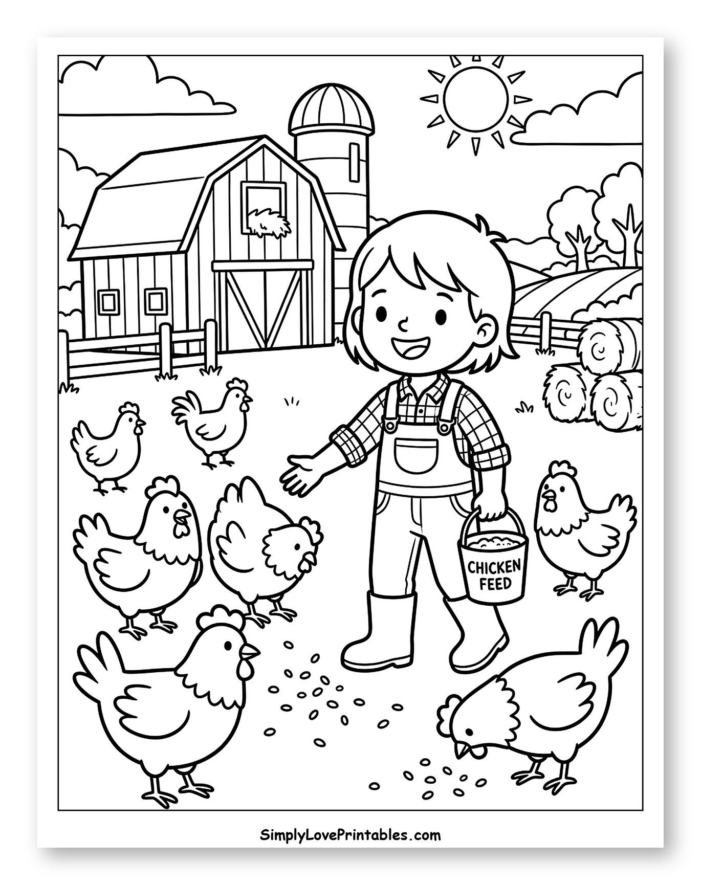 Little Farmer Feeding Chickens by Barn Coloring Page for Kids