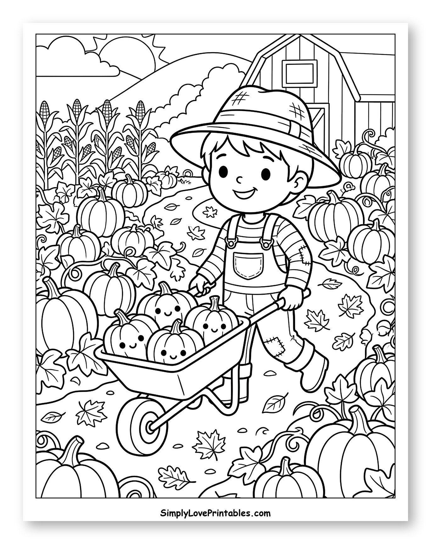 Little Farmer with a Wheelbarrow of Pumpkins