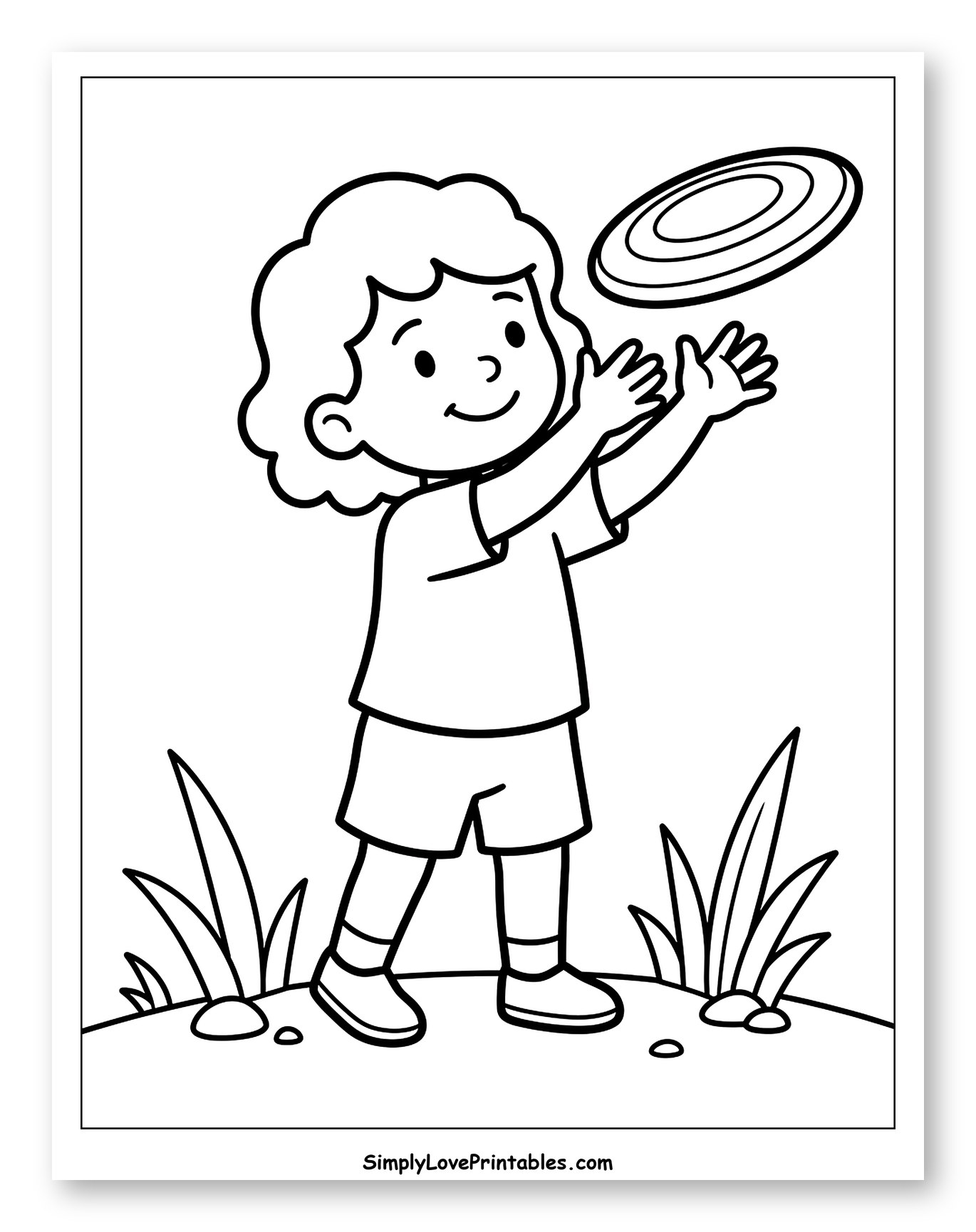 Little Girl Catching a Frisbee Outdoors Coloring Sheet for Toddlers
