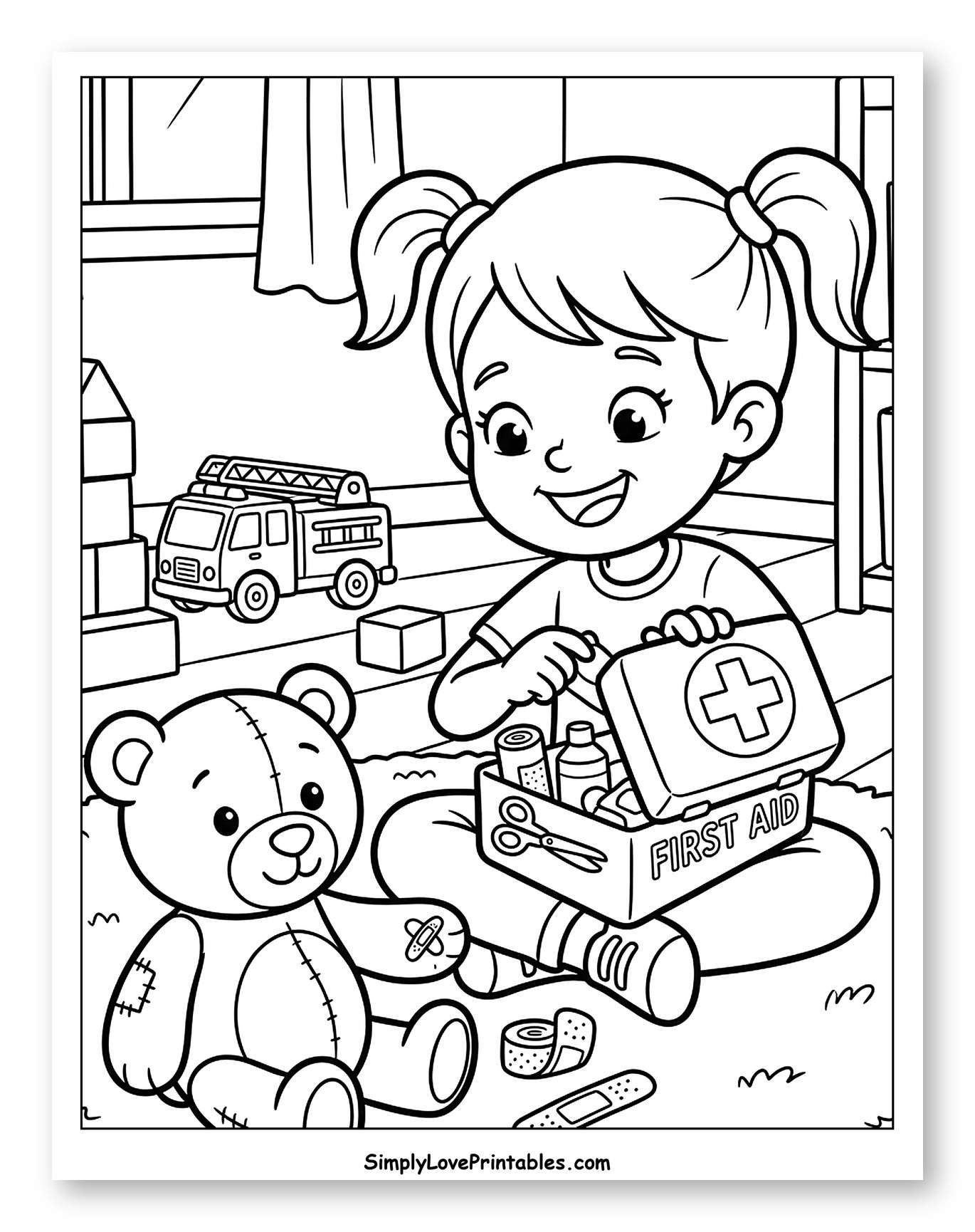 Little Girl Giving First Aid to Teddy Bear Coloring Page for Kids