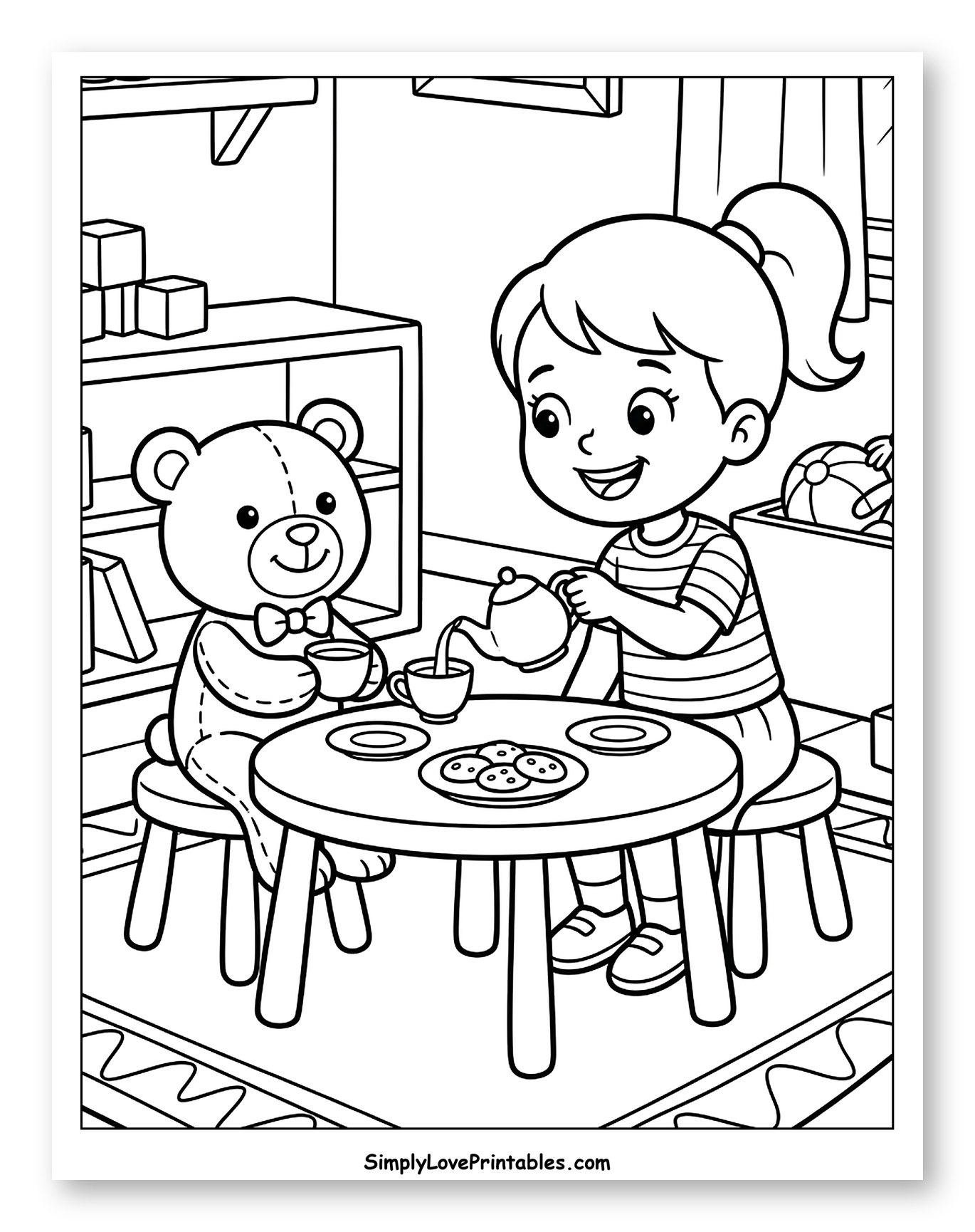 Little Girl Having a Tea Party with a Bear