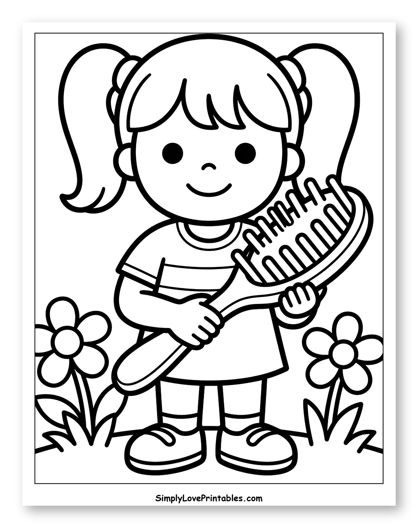 Little Girl Holding a Hairbrush Coloring Sheet for Toddlers