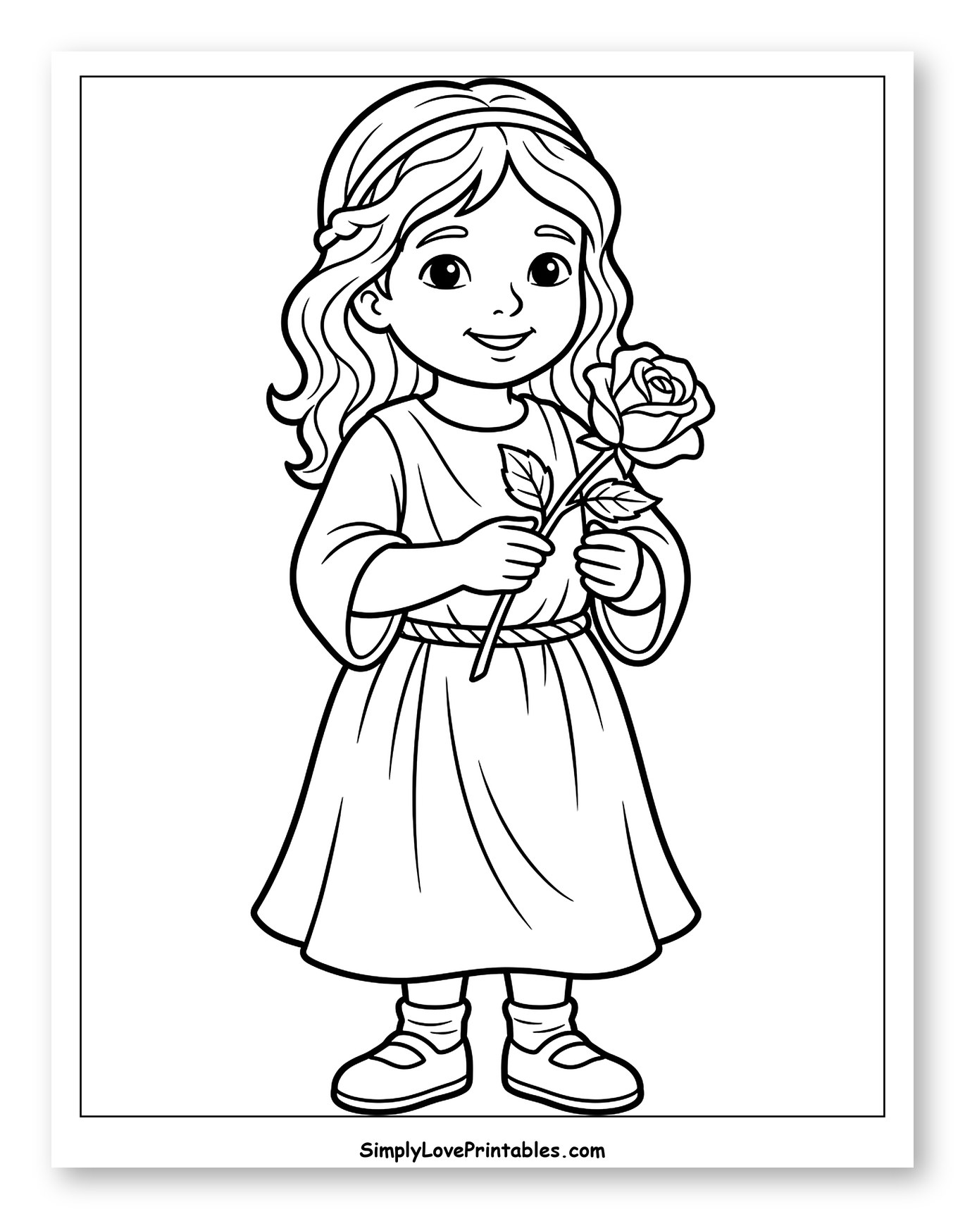 Little Girl Holding a Rose Coloring Page for Toddlers