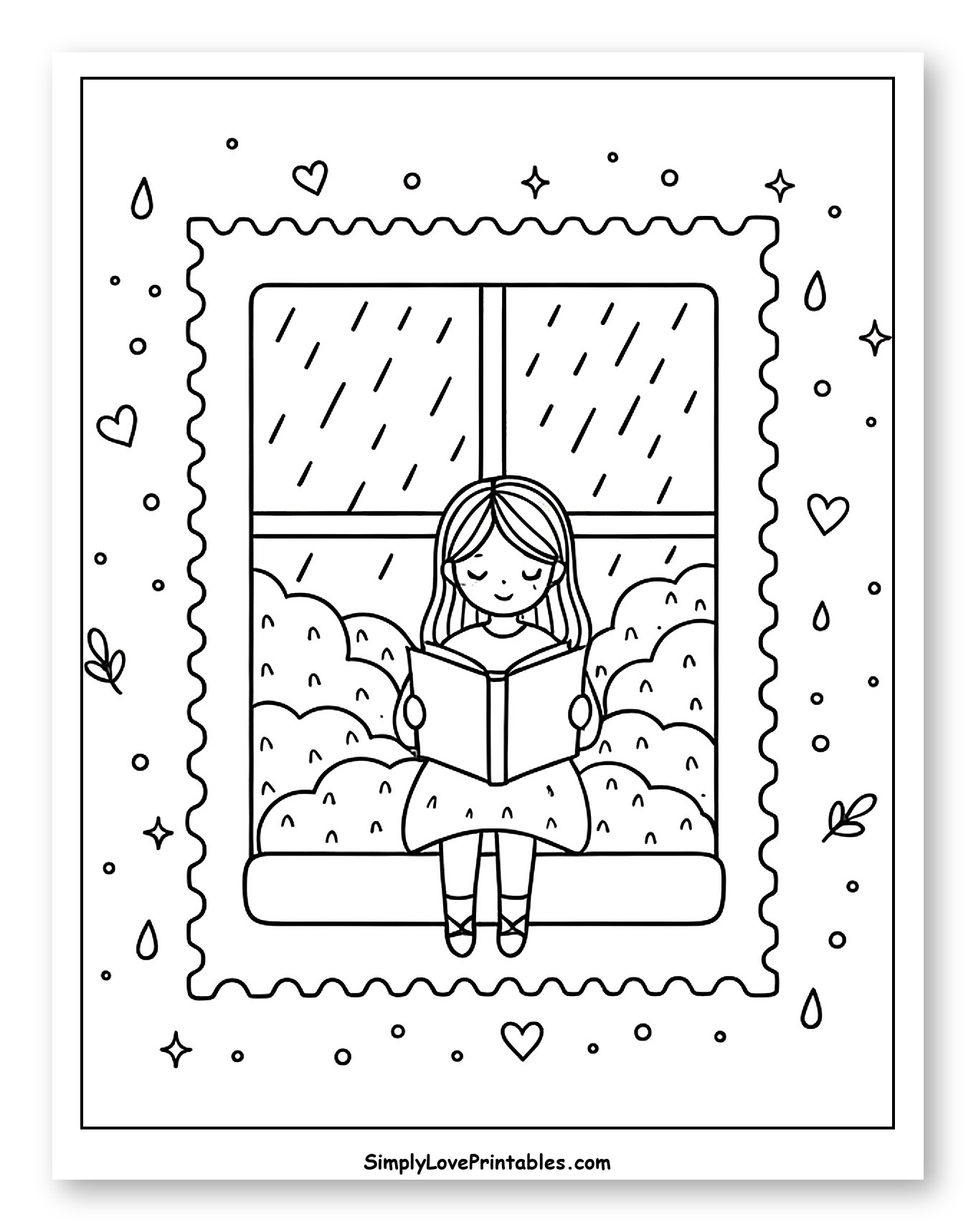 Little Girl Reading by a Rainy Window