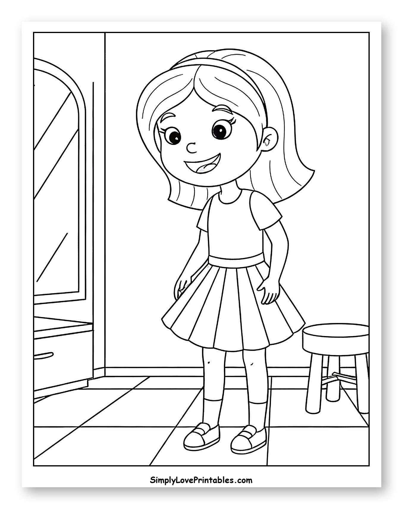 Little Girl Wearing a Pleated Skirt Coloring Sheet for Kids