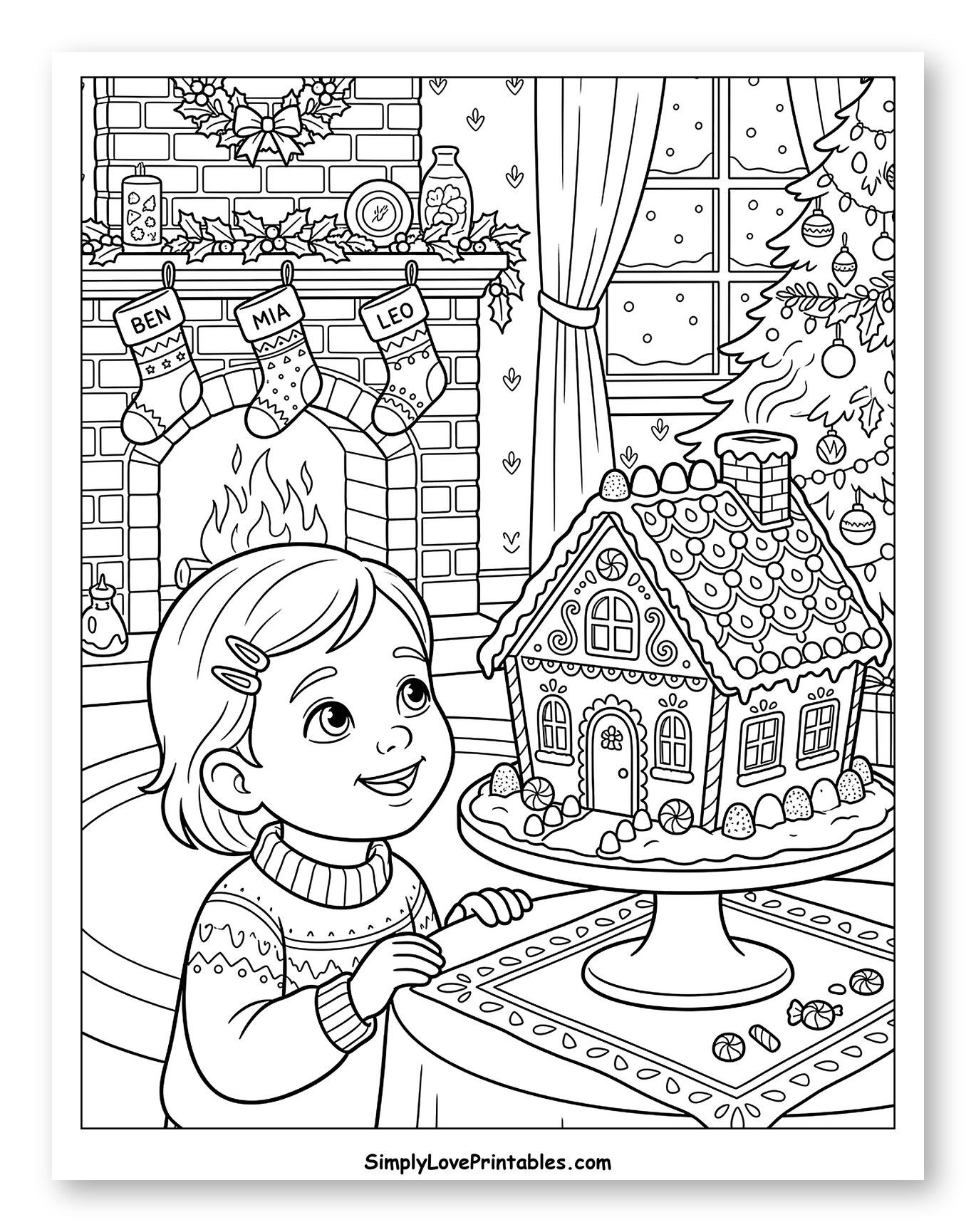 Little Girl with Gingerbread House and Christmas Decorations
