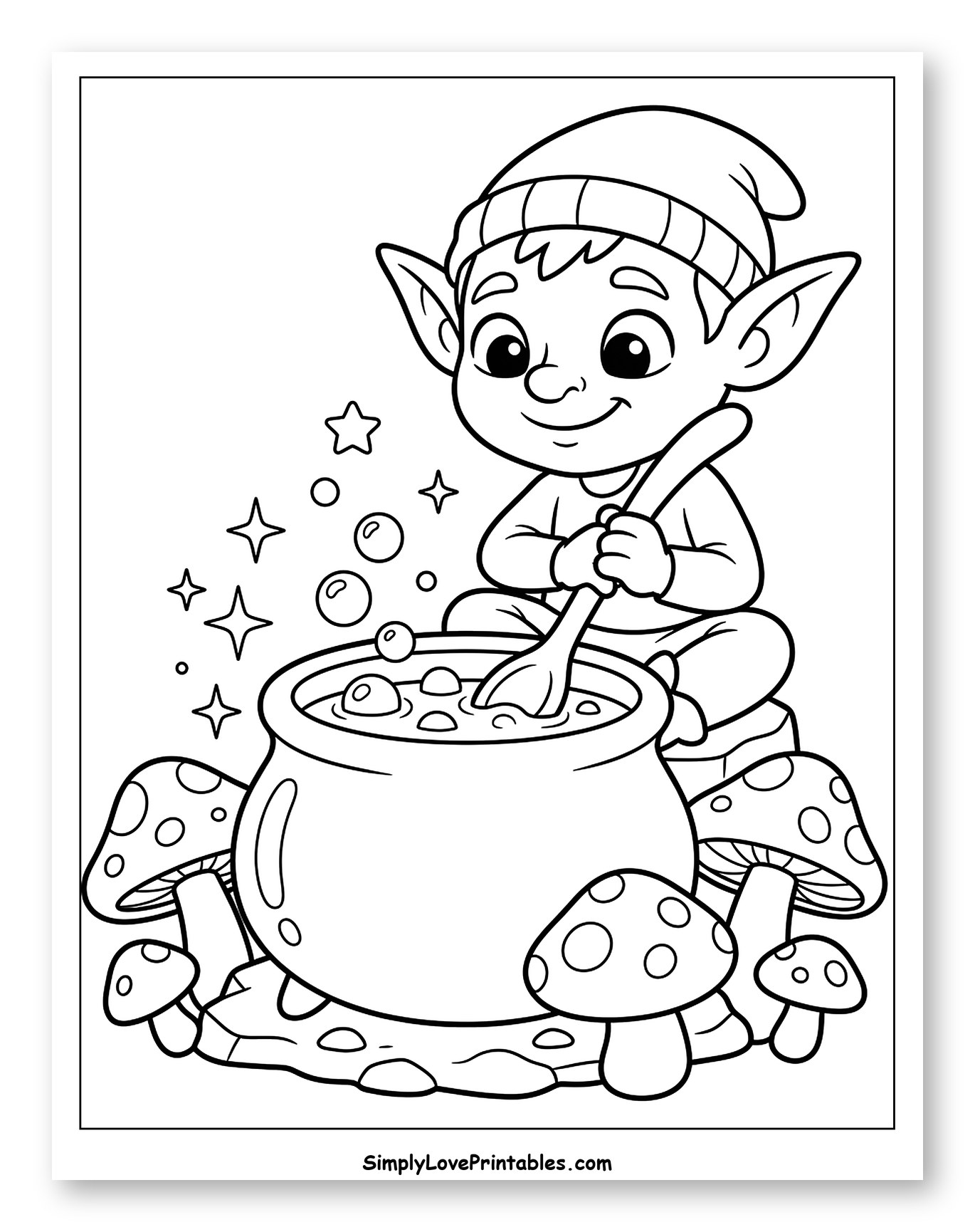Little Goblin Making a Magic Potion Coloring Page for Kids