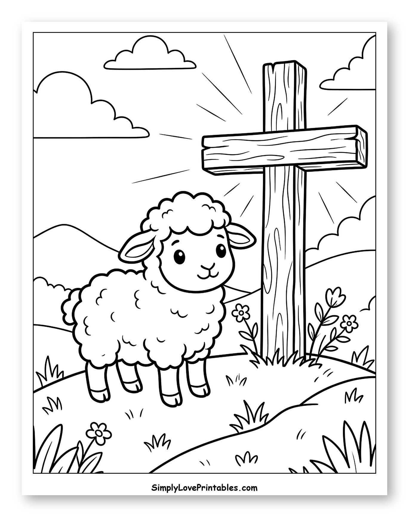 Little Lamb and Radiant Cross Coloring Sheet for Kids